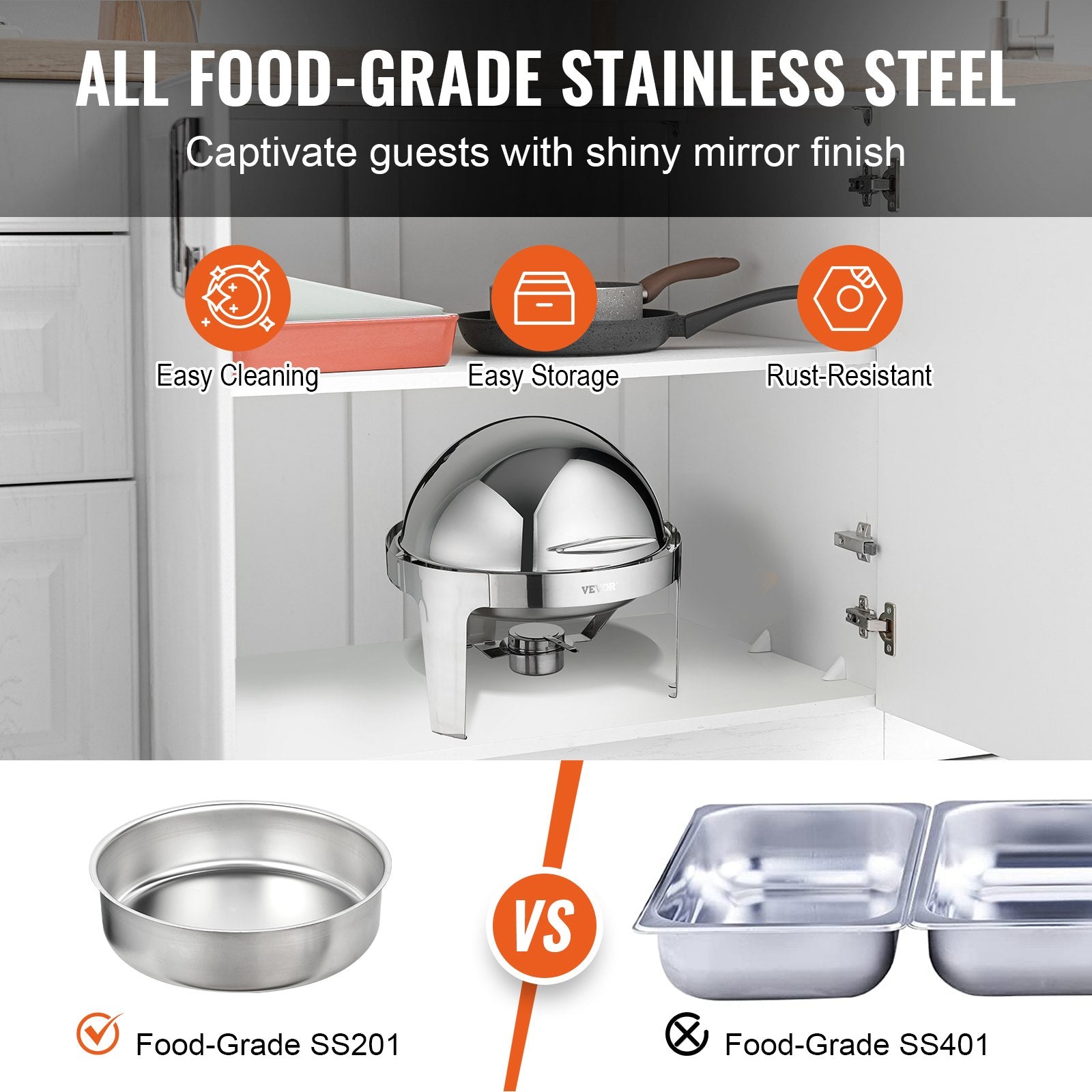 VEVOR Roll Top Chafing Dish Buffet Set, 5.5L 2 Pack, Stainless Steel Chafer with 2 Full Size Pans, Round Catering Warmer Server with Lid Water Pan Stand Fuel Holder, for at Least 5 People Each