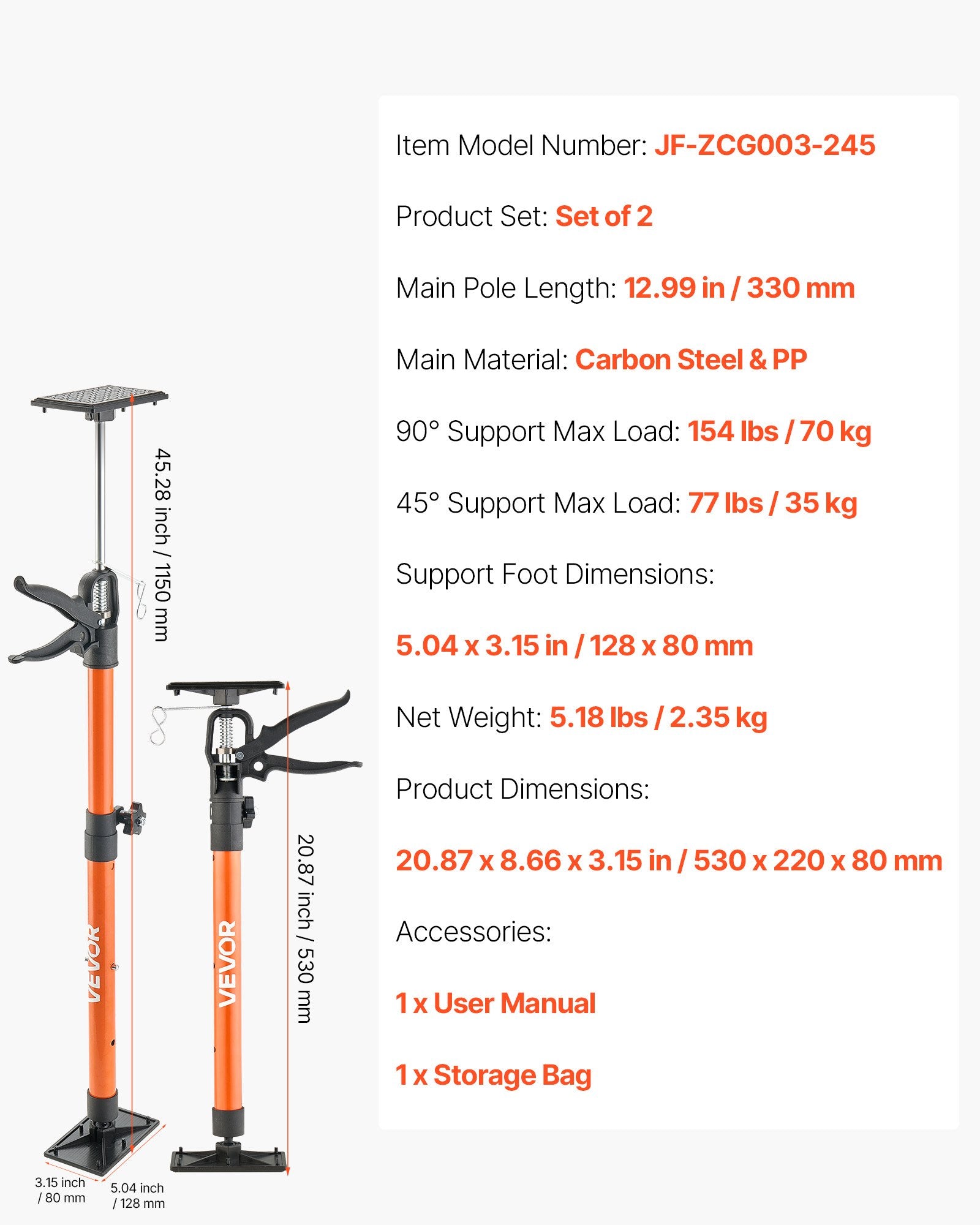 VEVOR Cabinet Jack Support Pole, 2-Pack, 54-155 cm Steel Telescopic Quick Support Rod, Adjustable 3rd Hand System up to 70 kg Capacity for Installing Cabinets, Lifting Drywall, Cargo Bars