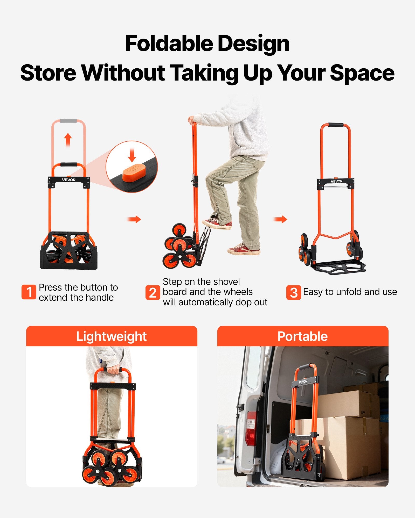 VEVOR Stair Climbing Cart, 54 kg Stair-Climbing Capacity, Portable Folding Trolley Cart with Telescoping Handle, 6 Wheels and 2 Bungee Cords, Stair Climber Dolly for Home, Groceries, Warehouse