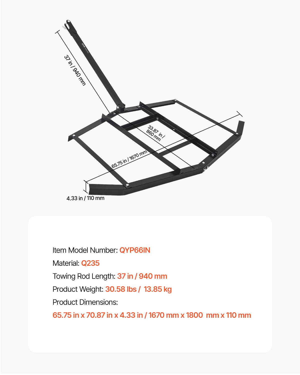 VEVOR Drag Harrow, 66" Width Tow Behind Drag Harrow, Q235 Steel Driveway Grader with Adjustable Bars & Pin Hitch, Support up to 50 lbs, Tractor Driveway Harrow for ATVs, UTVs, Garden Lawn Tractors