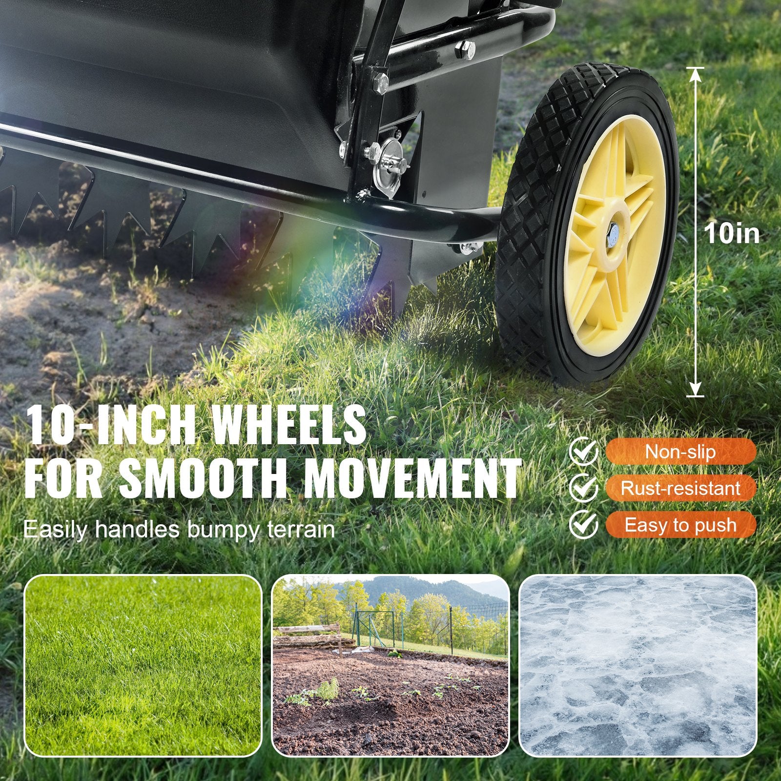 VEVOR Broadcast Spreader, 100 LB Tow Behind Poly Drop Spreader with 10" Wheels, Steel Spike Aerator, Fertilizer Spreader, Garden Seeder, and Salt Spreader, for Residential, Farm, Tough Terrain, Black