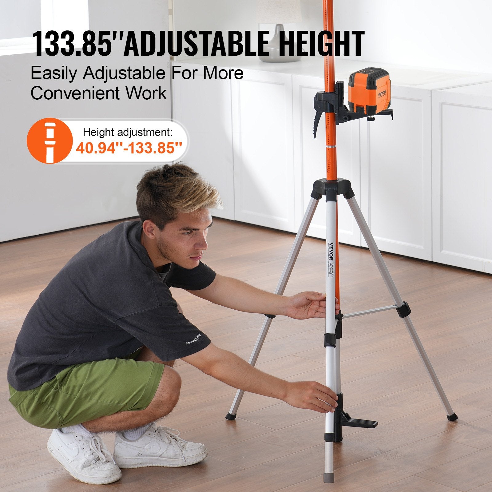 VEVOR Laser Level Tripod, 1/4"-20 & 5/8"-11 Thread Mount, 40.94-133.85 inch Height Adjustment with Level Bubble & Heavy-duty Stand, Extendable Pole Lightweight Aluminum Tripod for Laser Scanner