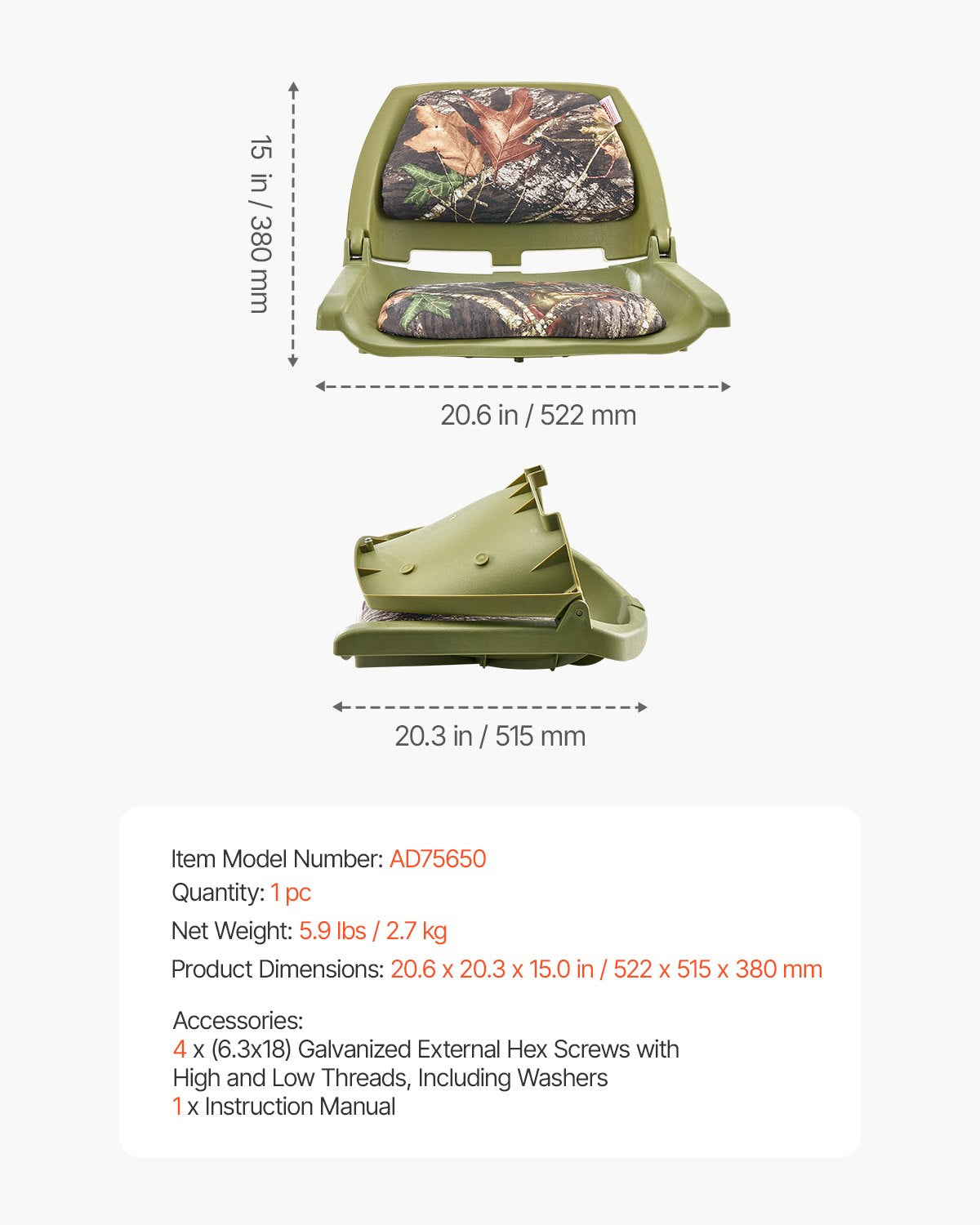 VEVOR Boat Seat, Low Backrest, Folding Fishing Boat Seat with Thickened Sponge Cushion & PU Polyester Fabric, Strong PP Frame, Flip Up Boat Seat for Fishing Boats, Yachts, Ships, Camouflage Color