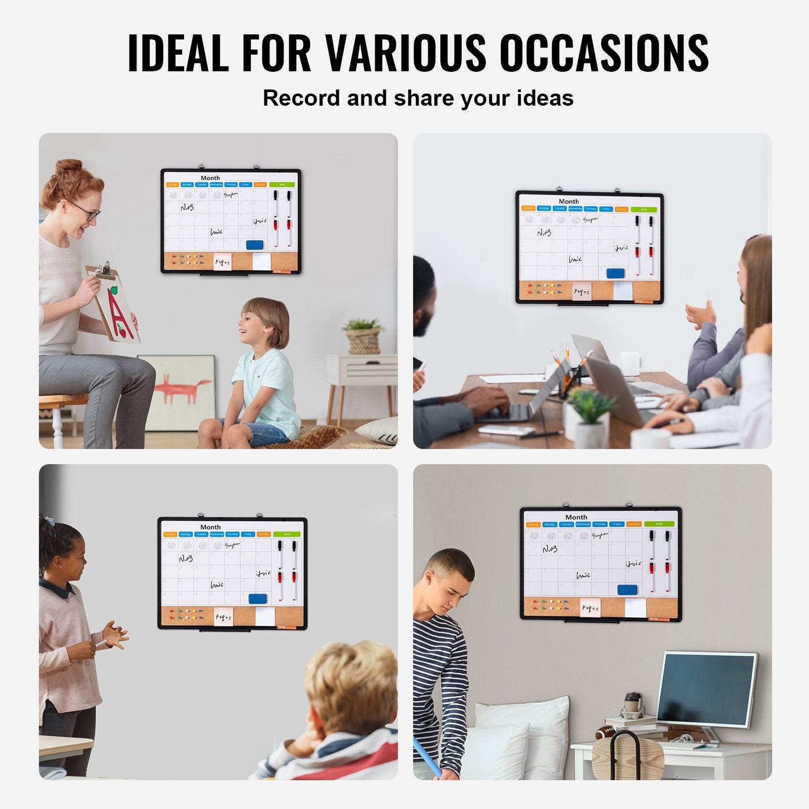 VEVOR 24"x 18" Monthly Calendar Whiteboard & Cork Board Combo with Aluminum Frame – 2-in-1 Magnetic Dry Erase Bulletin Board for Wall Mount – Ideal for School, Home, Office