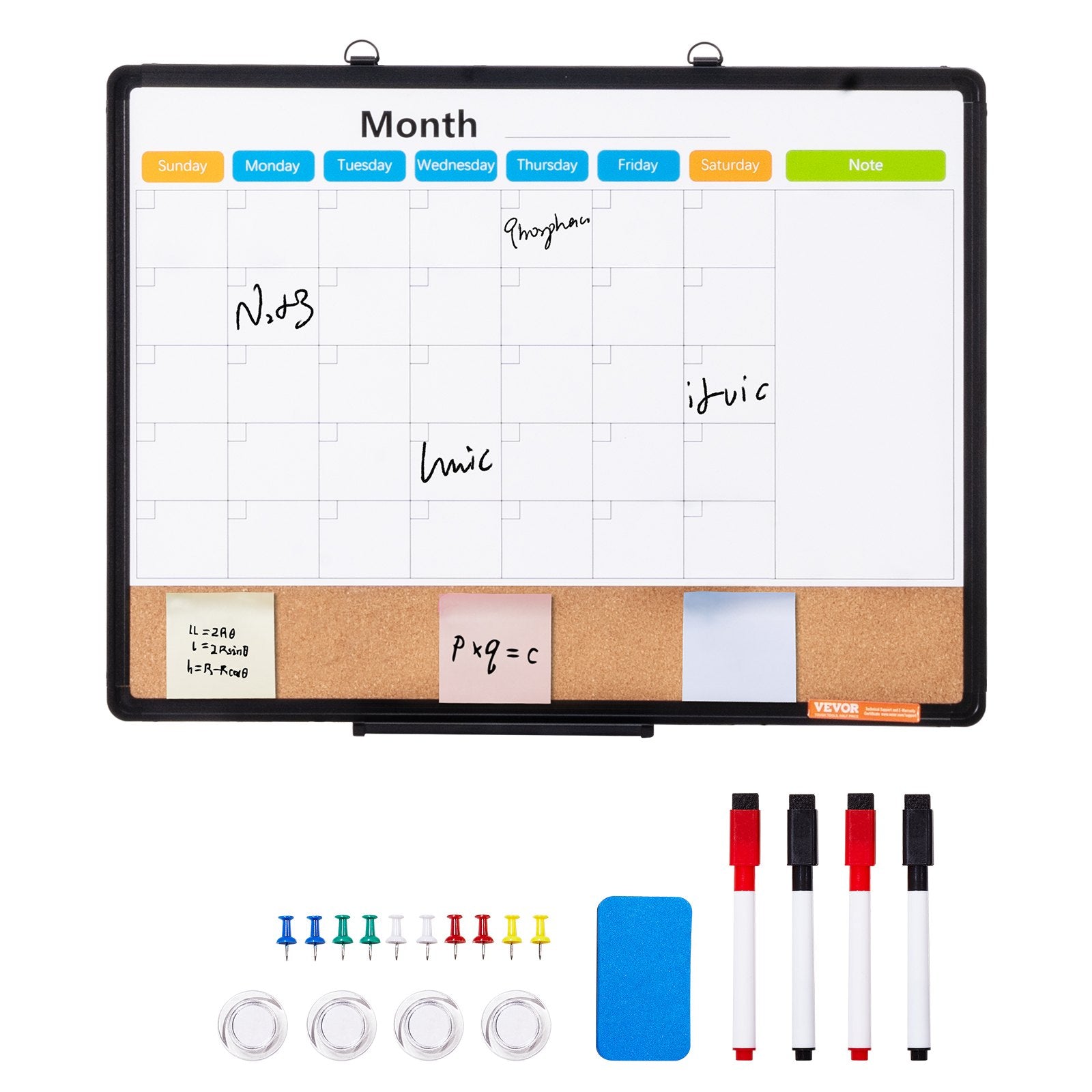 VEVOR 24"x 18" Monthly Calendar Whiteboard & Cork Board Combo with Aluminum Frame – 2-in-1 Magnetic Dry Erase Bulletin Board for Wall Mount – Ideal for School, Home, Office