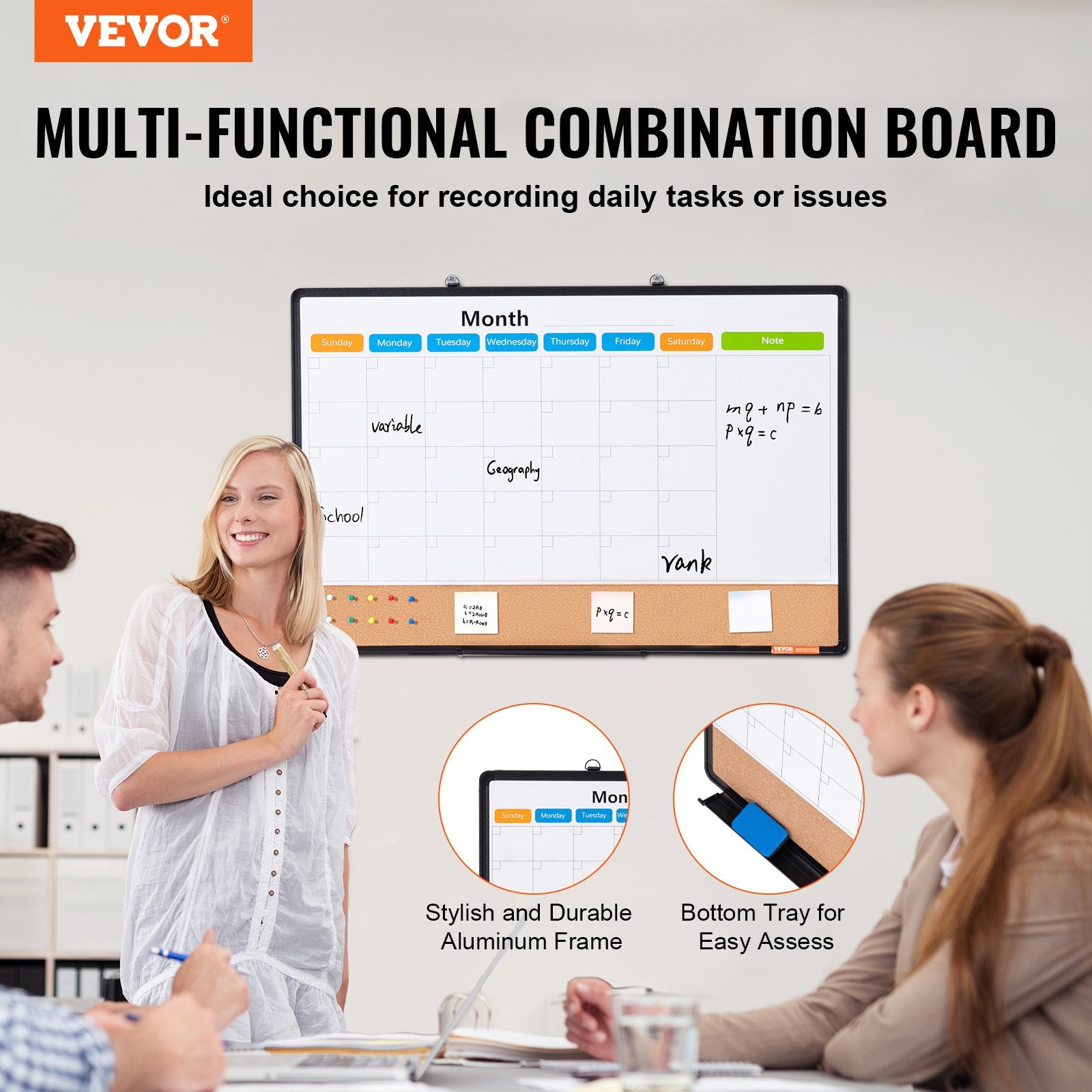 VEVOR 36"x 24" Monthly Calendar Whiteboard & Cork Board Combo with Aluminum Frame – 2-in-1 Magnetic Dry Erase Bulletin Board for Wall Mount – Ideal for School, Home, Office