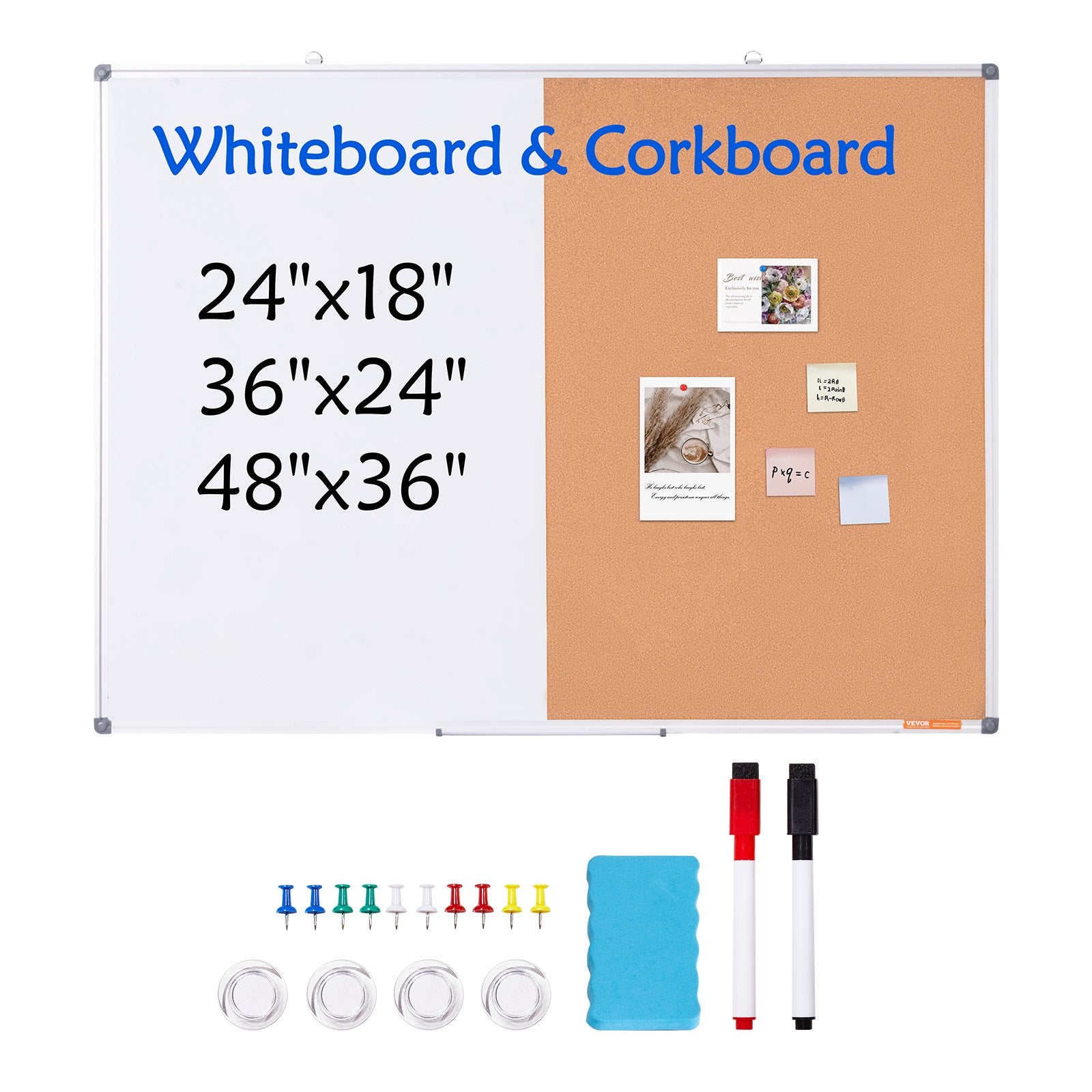 VEVOR 48"x 36" Whiteboard & Cork Board Combo with Aluminum Frame – 2-in-1 Magnetic Dry Erase Bulletin Board for Wall Mount – Ideal for School, Home, Office
