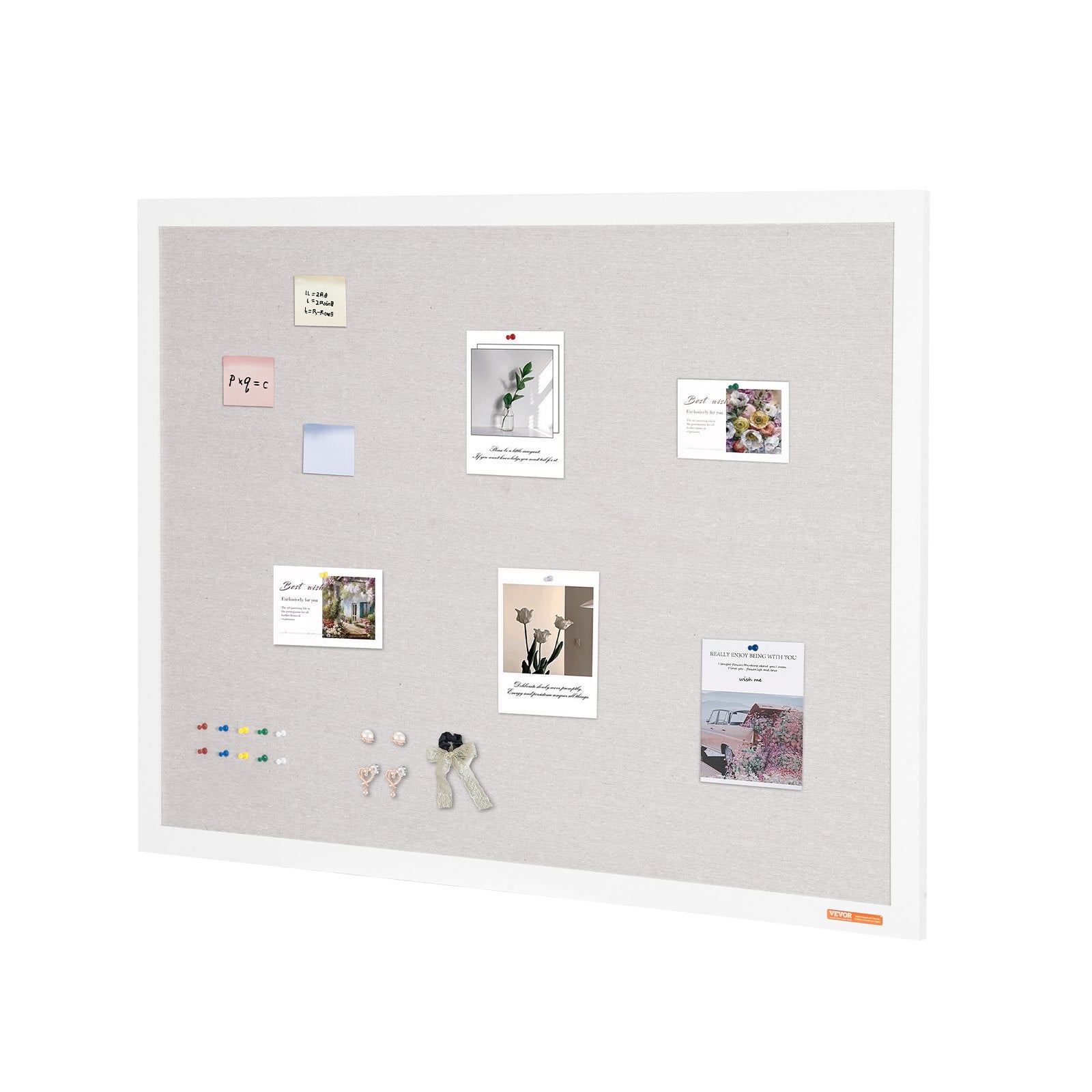 VEVOR 48"x36" White Cork Board with Linen Surface – Stylish Wall-Mounted Bulletin Board for Home, School, Office – Elegant & Functional Noticeboard