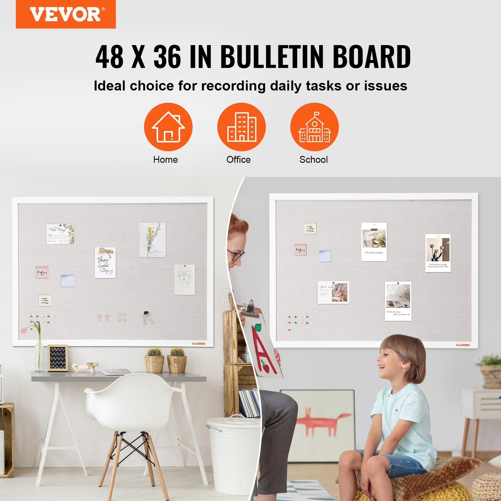 VEVOR 48"x36" White Cork Board with Linen Surface – Stylish Wall-Mounted Bulletin Board for Home, School, Office – Elegant & Functional Noticeboard