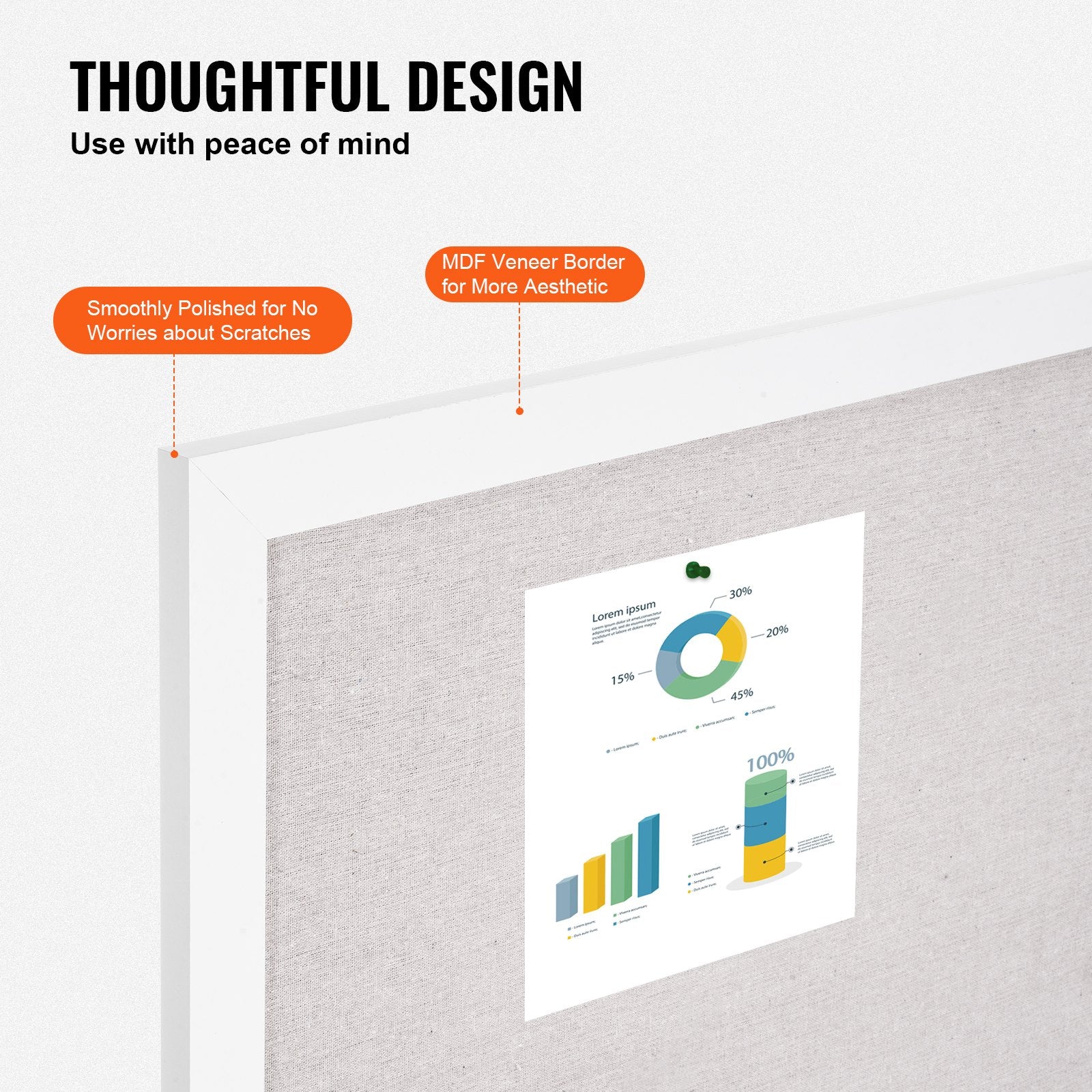 VEVOR 48"x36" White Cork Board with Linen Surface – Stylish Wall-Mounted Bulletin Board for Home, School, Office – Elegant & Functional Noticeboard