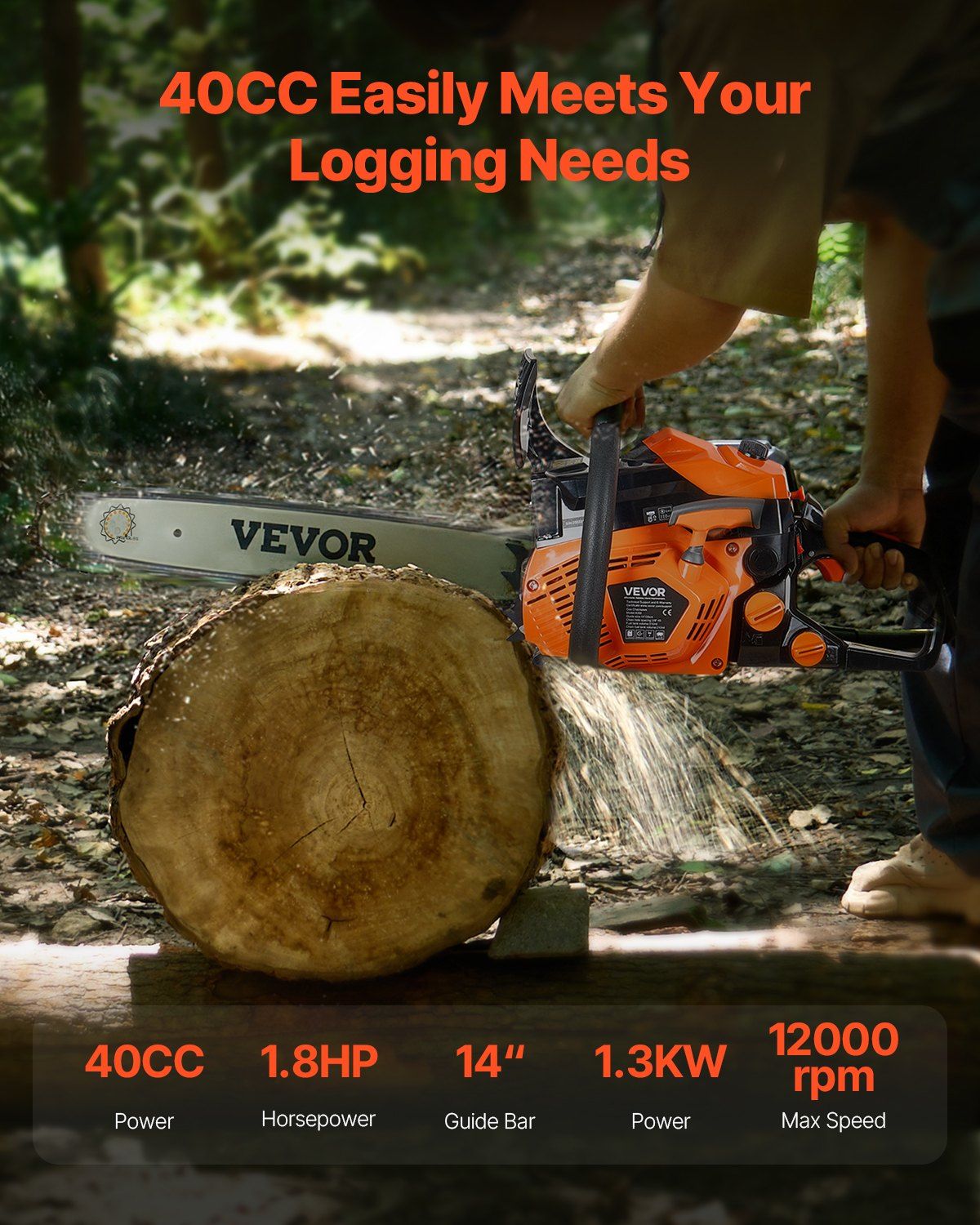 40 cc Gas Chainsaw, 355 mm Gas Powered Chainsaw, 1.3 kW Power Chain Saw with Non-Slip Handle, Gas-Powered Chainsaws with Dual Fuel Tanks, For Wood Cutting, Tree Trimming, and Land Clearing