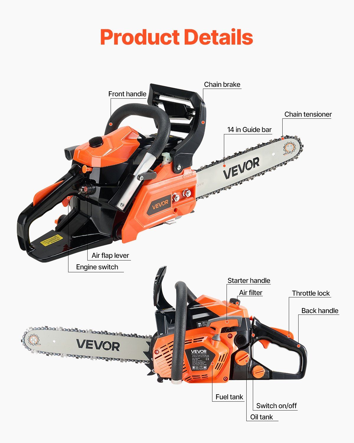 40 cc Gas Chainsaw, 355 mm Gas Powered Chainsaw, 1.3 kW Power Chain Saw with Non-Slip Handle, Gas-Powered Chainsaws with Dual Fuel Tanks, For Wood Cutting, Tree Trimming, and Land Clearing