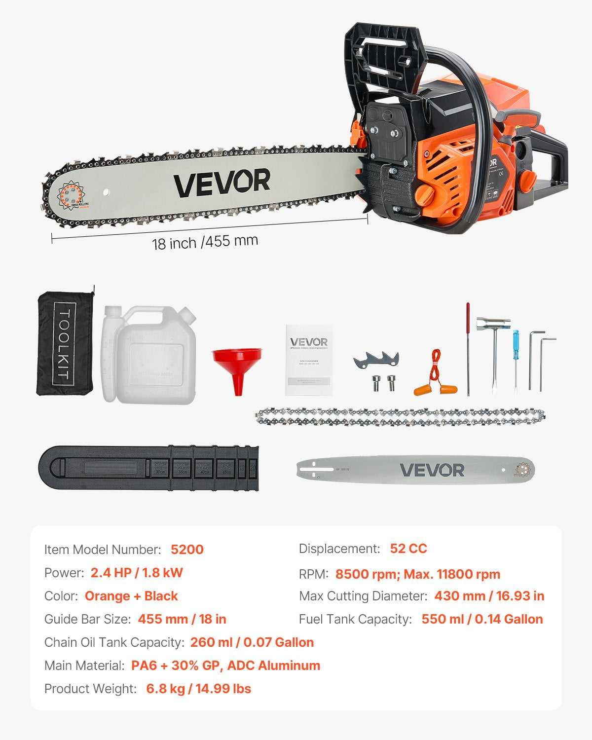 VEVOR 52cc Gas Chainsaw 1.8 kW Gas Powered 455 mm Chainsaw For Wood Cutting