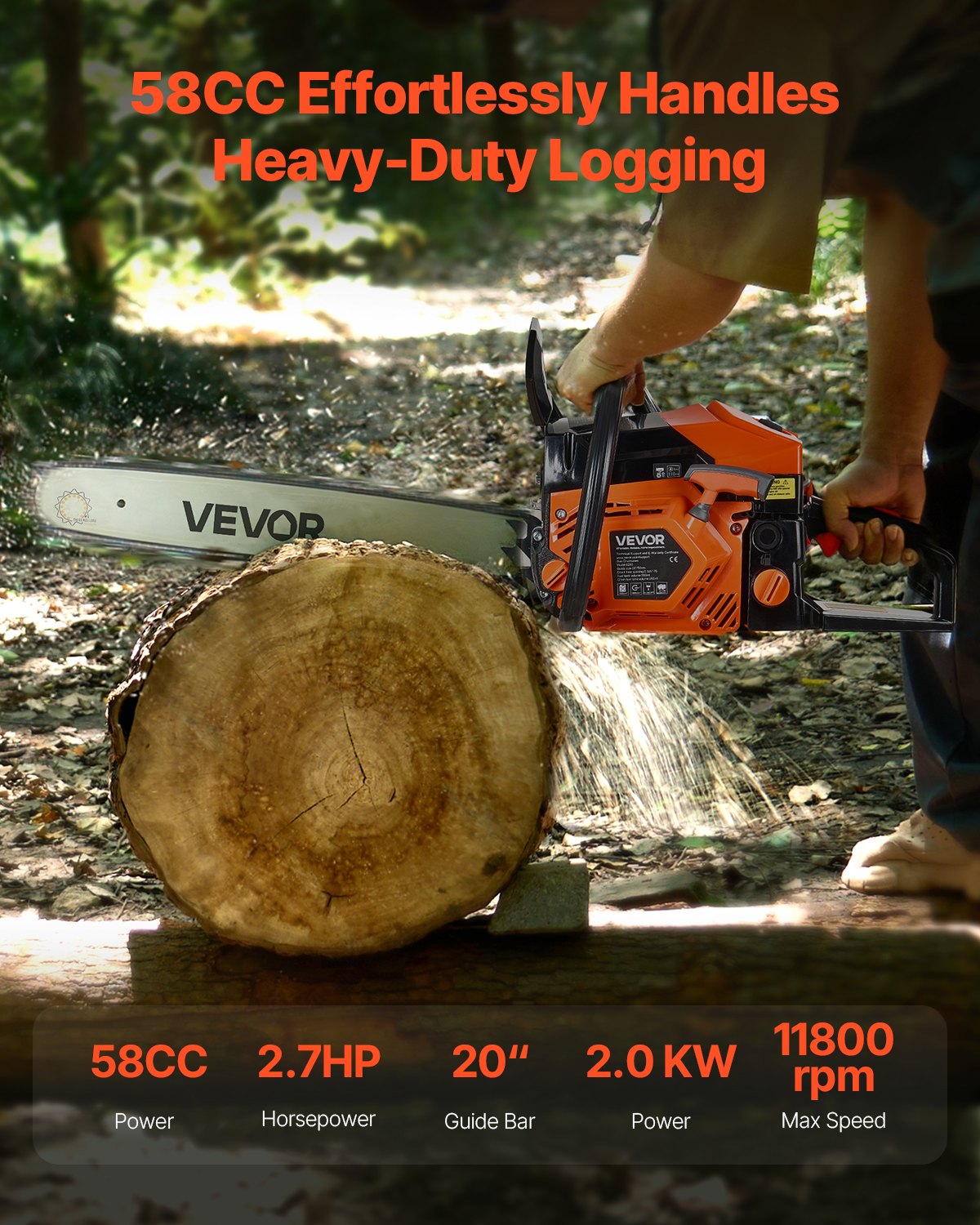 VEVOR 58 cc Gas Chainsaw, 508 mm Gas Powered Chainsaw, 2.0 kW Power Chain Saw with Non-Slip Handle, Gas-Powered Chainsaws with Dual Fuel Tanks, For Wood Cutting, Tree Trimming, and Land Clearing