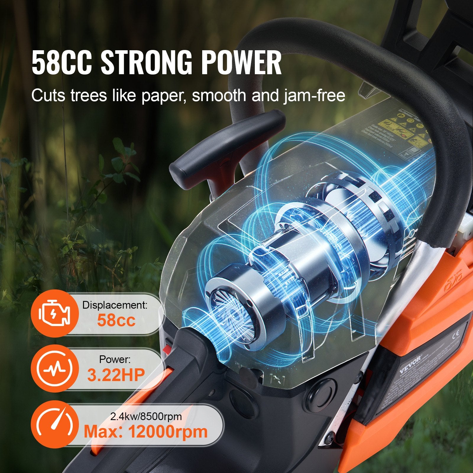 VEVOR 58CC 508mm Gasoline Chainsaw Gas Powered Wood Cutting Engine Gas Chain Saw