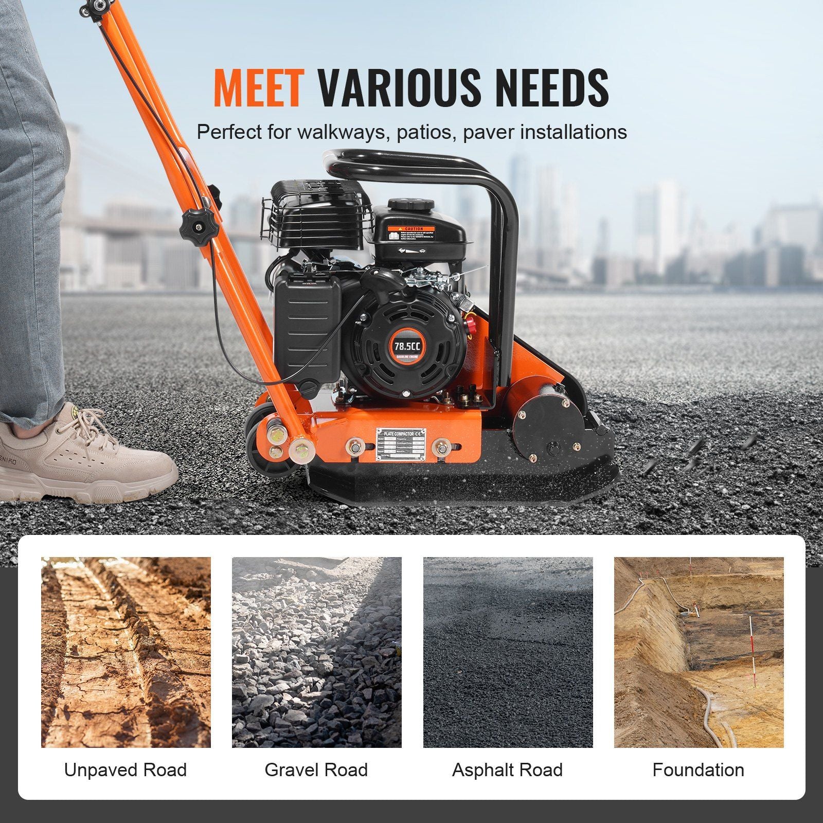 Plate Compactor, 2.8 HP 78.5CC Gas Engine 5,250 VPM, 870 kg Force Vibratory Compaction Tamper with 18.7 x 11.8 inch Plate for Walkways, Patios, Asphalts, Paver Landscaping