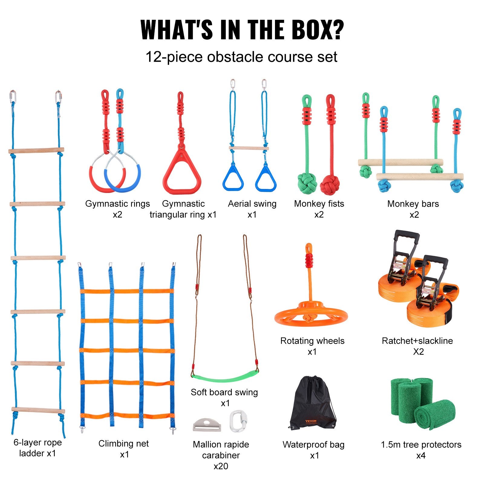 VEVOR Ninja Warrior Obstacle Course for Kids, 2 x 19.8m Weatherproof Slacklines, 500lbs Weight Capacity Monkey Line, Outdoor Playset Equipment, Backyard Toys Training Equipment Set with 12 Obstacles