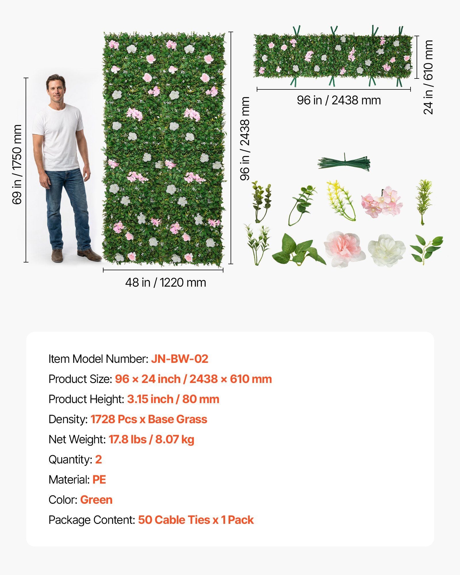 Artificial Luxury Flower Wall Backdrop, 2 PCS, Each Panel 61 x 243.8 cm, Gorgeous 3D Silk Floral Backdrop Pet Friendly, Easy Installation Flower Wall Panel for Wedding, Event, Party, Home Decor
