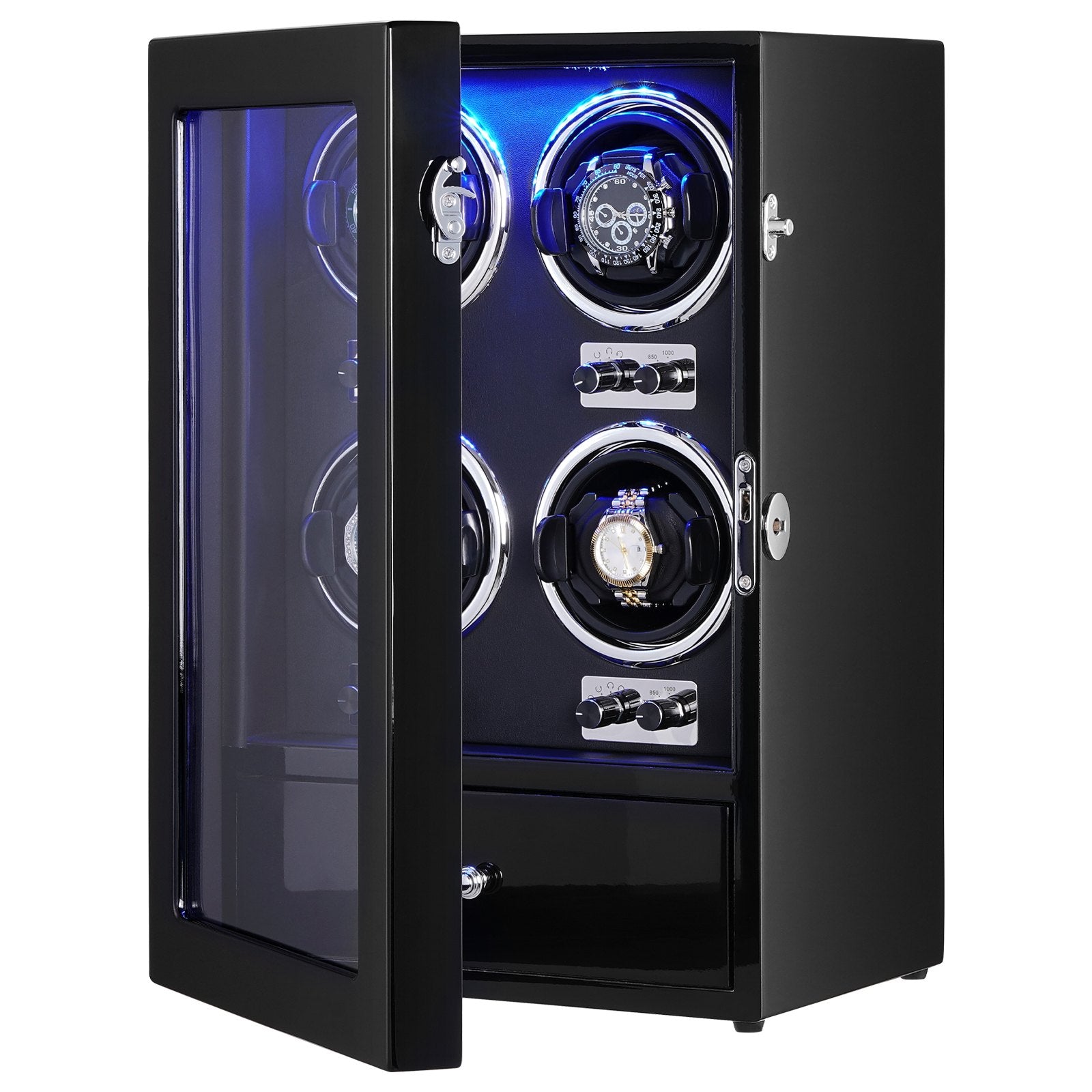 VEVOR Watch Winder, Watch Winder for 4 Men's and Women's Automatic Watches, with 4 Super Quiet Japanese Mabuchi Motors, Blue LED Light and Adapter, High-Density Board Shell and Black PU