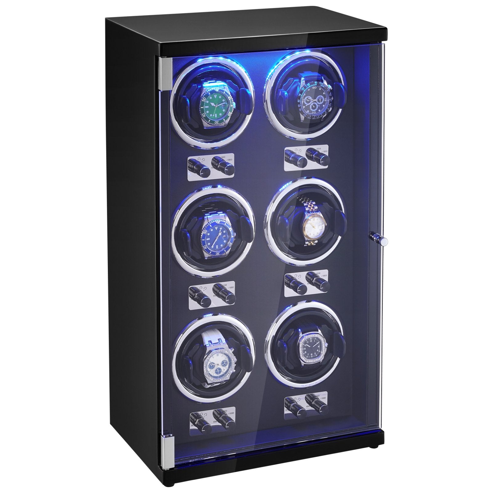 VEVOR Watch Winder, Watch Winder for 6 Men's and Women's Automatic Watches, with 6 Super Quiet Japanese Mabuchi Motors, Blue LED Light and Adapter, High-Density Board Shell and Black PU