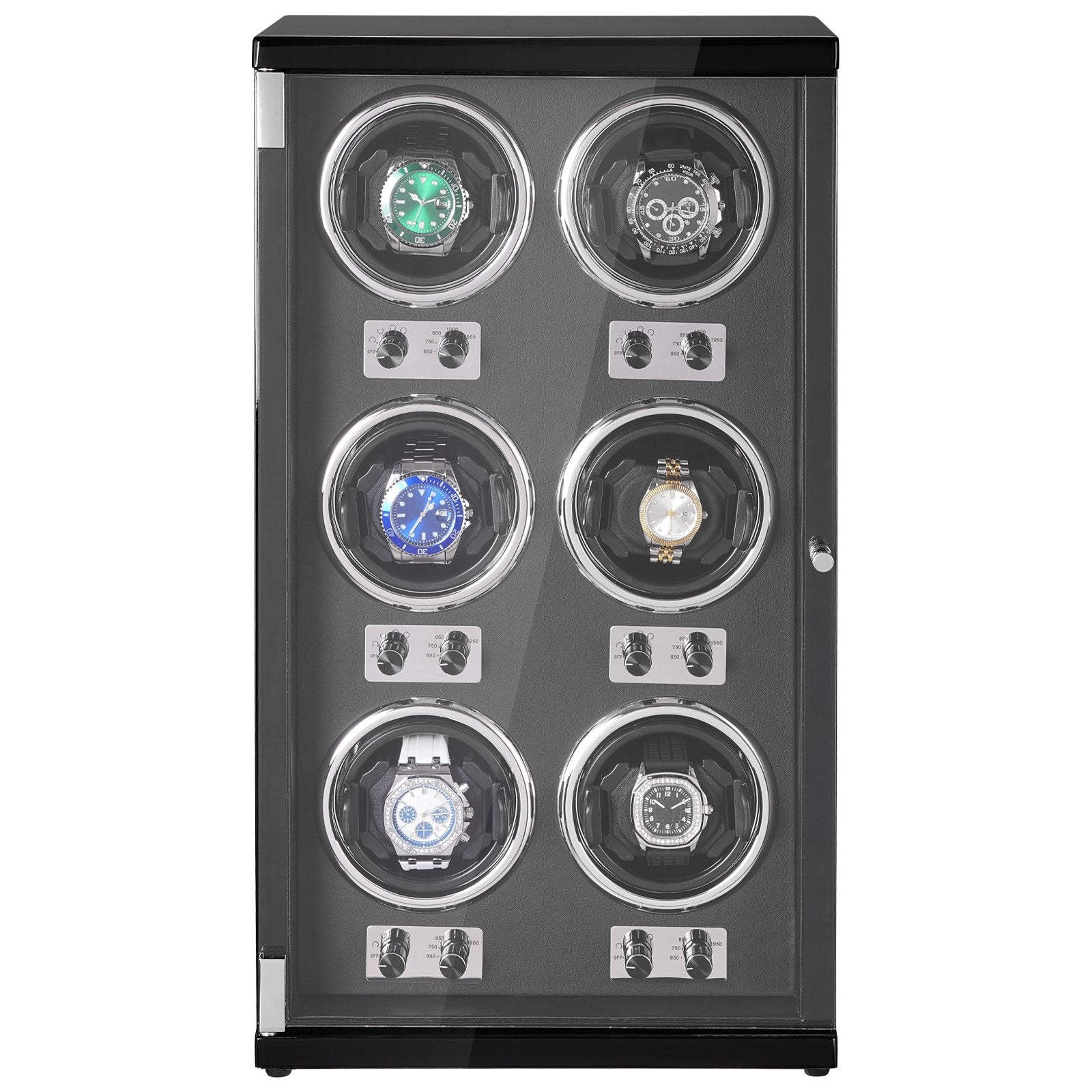 VEVOR Watch Winder, Watch Winder for 6 Men's and Women's Automatic Watches, with 6 Super Quiet Japanese Mabuchi Motors, Blue LED Light and Adapter, High-Density Board Shell and Black PU