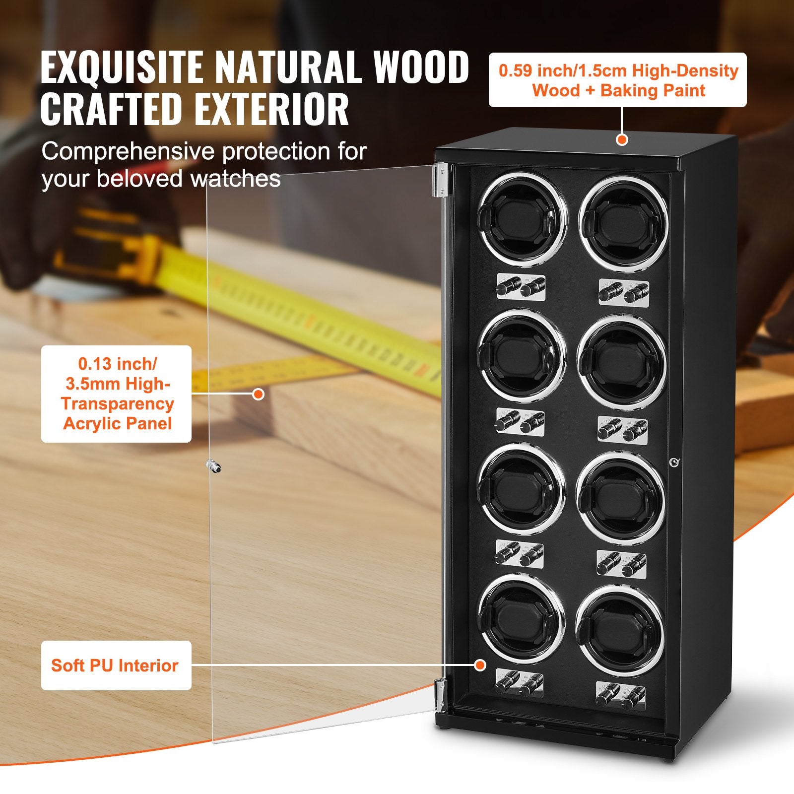 VEVOR Watch Winder, Watch Winder for 8 Men's and Women's Automatic Watches, with 8 Super Quiet Japanese Mabuchi Motors, Blue LED Light and Adapter, High-Density Board Shell and Black PU