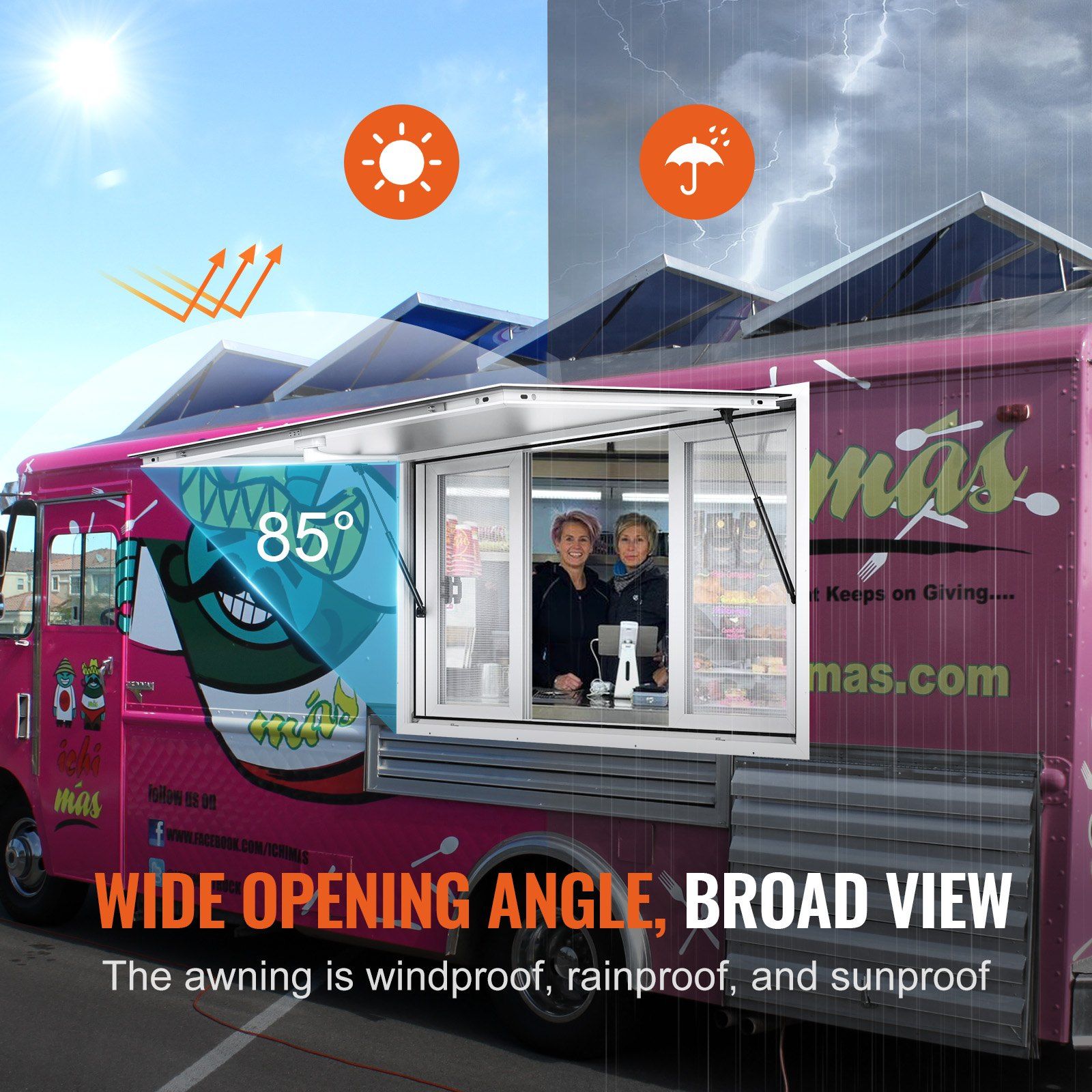 Concession Window 48"x36", Aluminum Alloy Food Truck Service Window with 4 Horizontal Sliding Windows & Awning Door & Drag Hook, Up to 85 Degrees Serving Window for Food Truck Concession Trailer