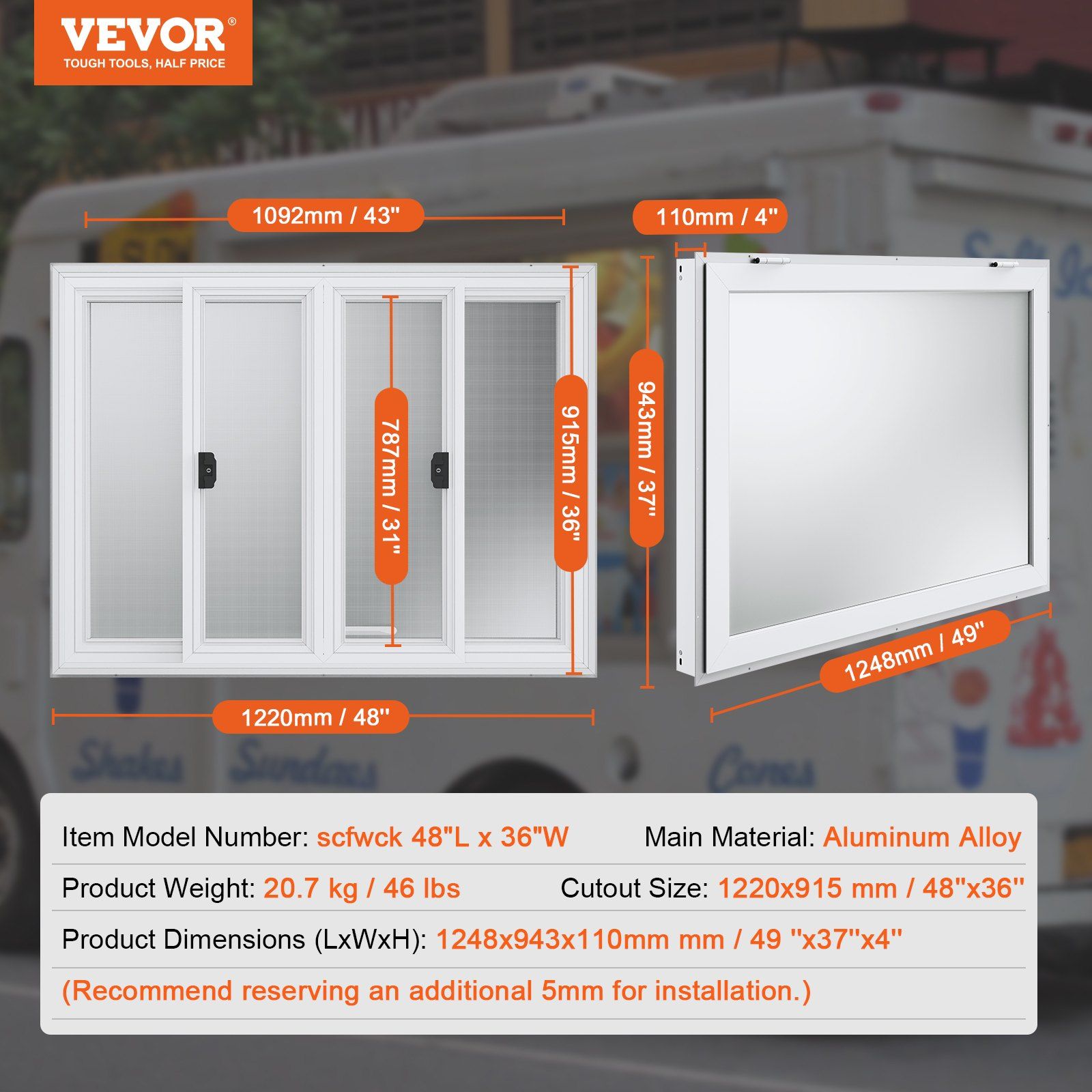 Concession Window 48"x36", Aluminum Alloy Food Truck Service Window with 4 Horizontal Sliding Windows & Awning Door & Drag Hook, Up to 85 Degrees Serving Window for Food Truck Concession Trailer