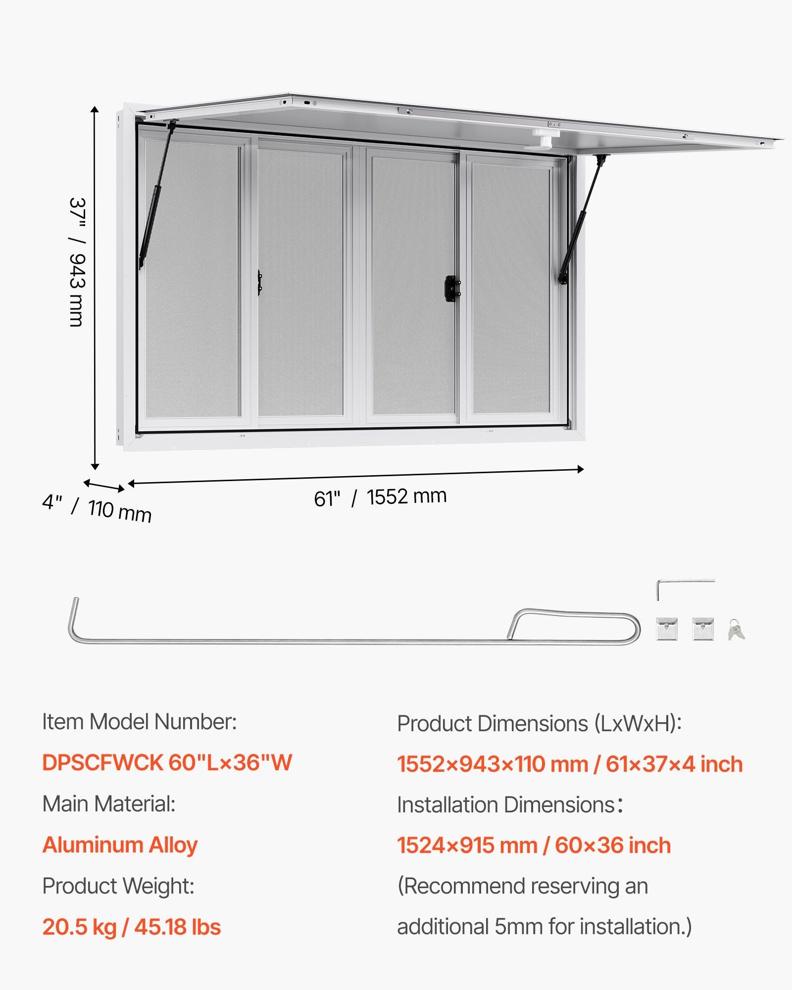 Concession Window 1524x915 mm, Aluminum Alloy Service Window for Food Truck, Up to 85 Degrees Stand Serving Window with 4 Sliding Windows, Awning Door, and Drag Hook, for Concession Trailers