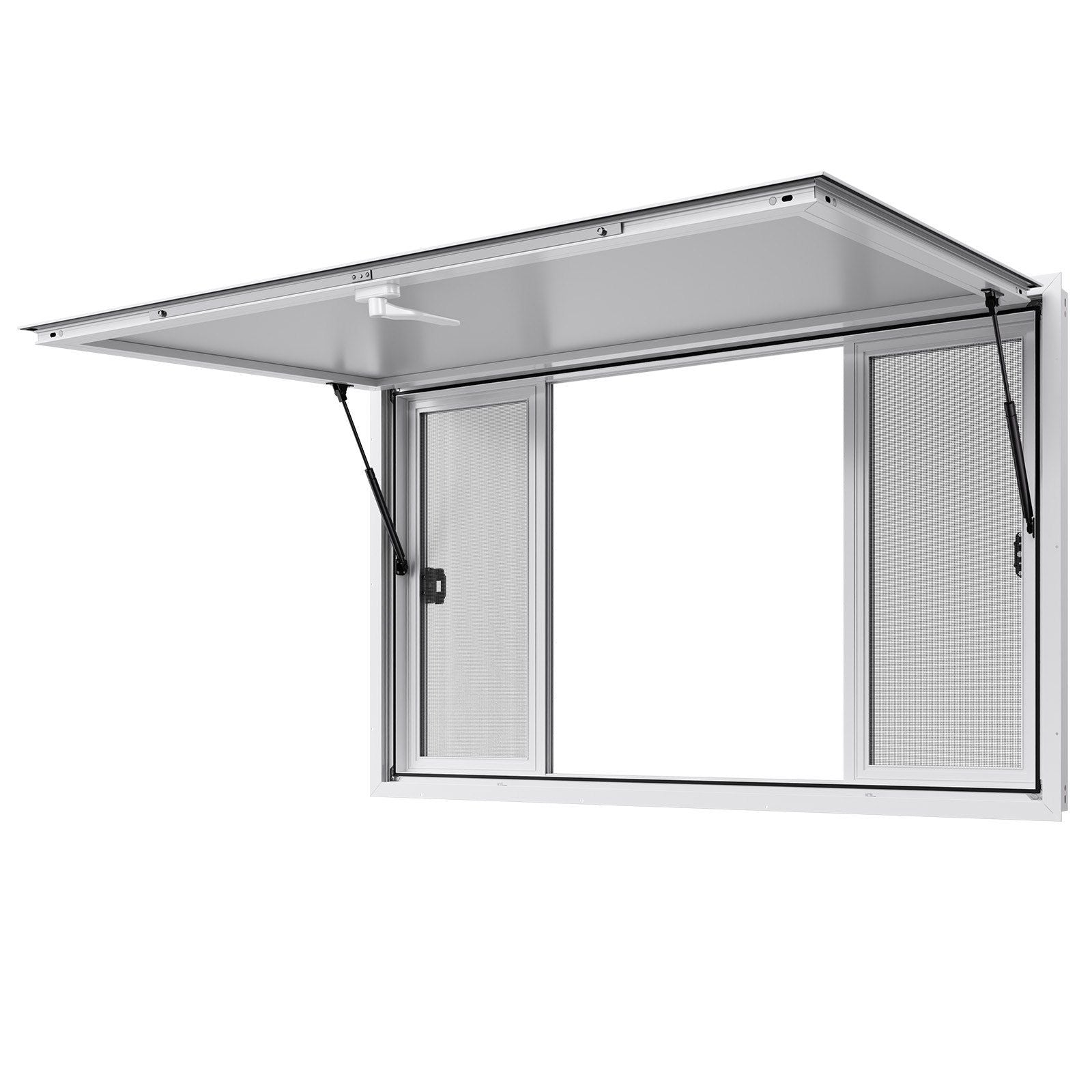 Concession Window 1524x915 mm, Aluminum Alloy Service Window for Food Truck, Up to 85 Degrees Stand Serving Window with 4 Sliding Windows, Awning Door, and Drag Hook, for Concession Trailers