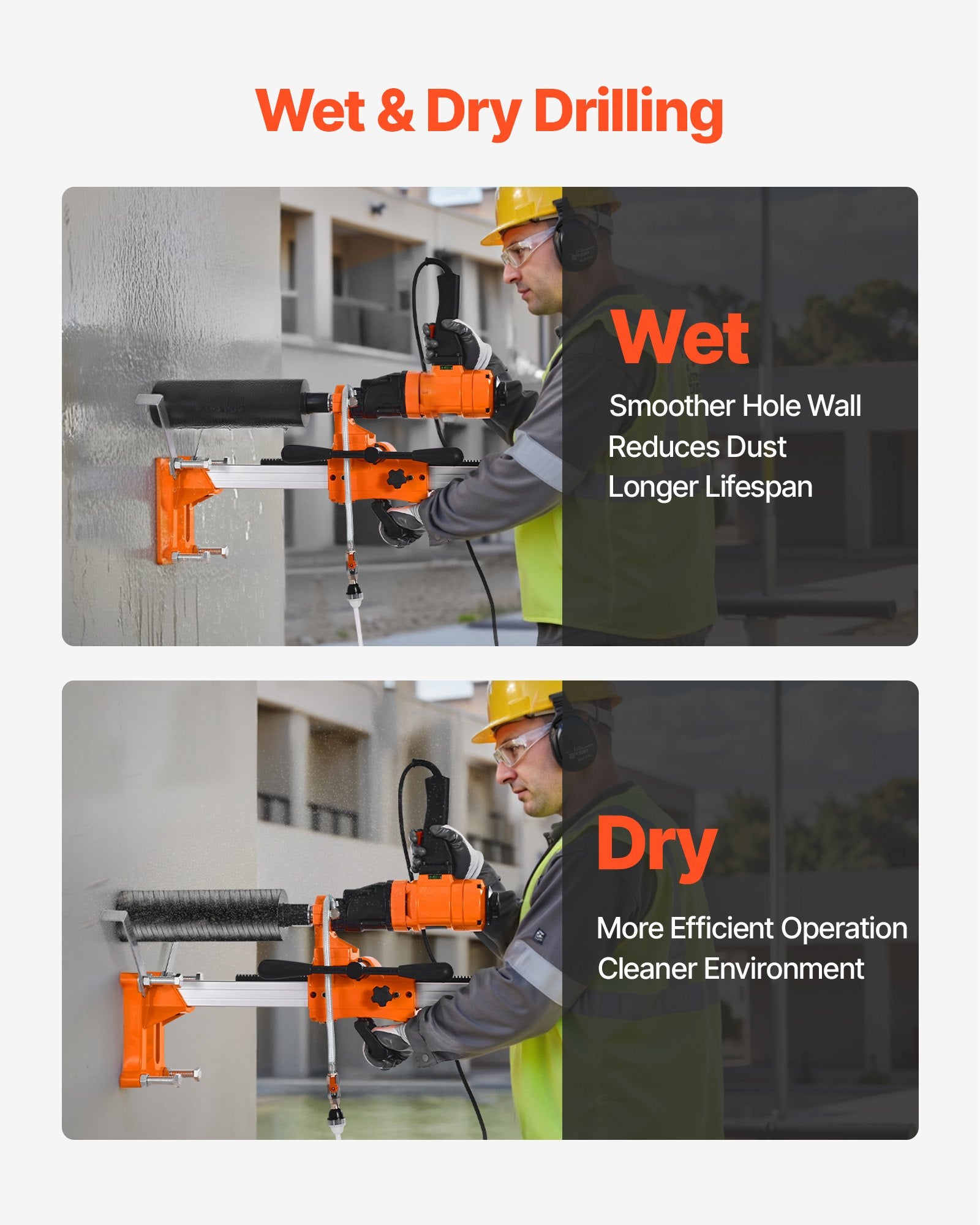 VEVOR Diamond Core Drilling Machine, 200 mm Drilling Diameter, 2-in-1 Handheld & Stand-Mount Dry and Wet Concrete Core Drill Rig with 4 Bits, 1000/2250 RPM 2-Speed, for Concrete Brick Stone, 1500W