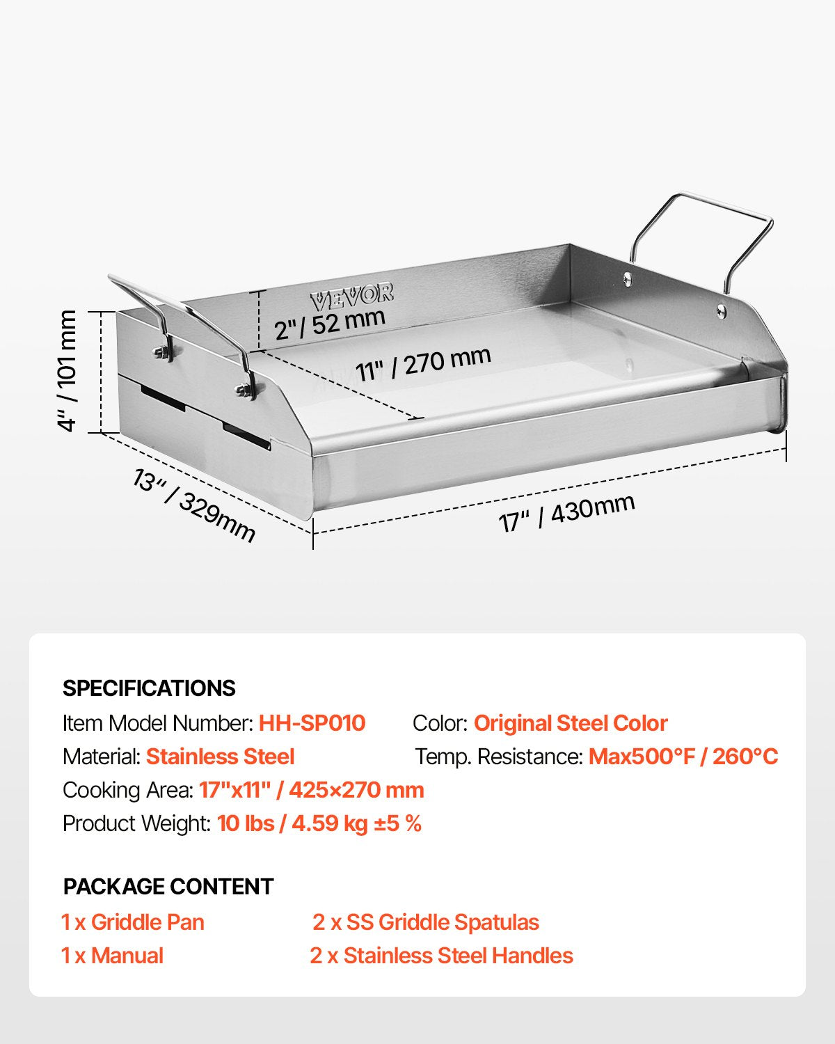 VEVOR Stainless Steel Griddle, 17x13 inch Universal Flat Top Rectangular Plate, Gas Grill Griddle for BBQ Grill, Teppanyaki, Portable Family Cookware with Handle, for Camping Tailgating Party