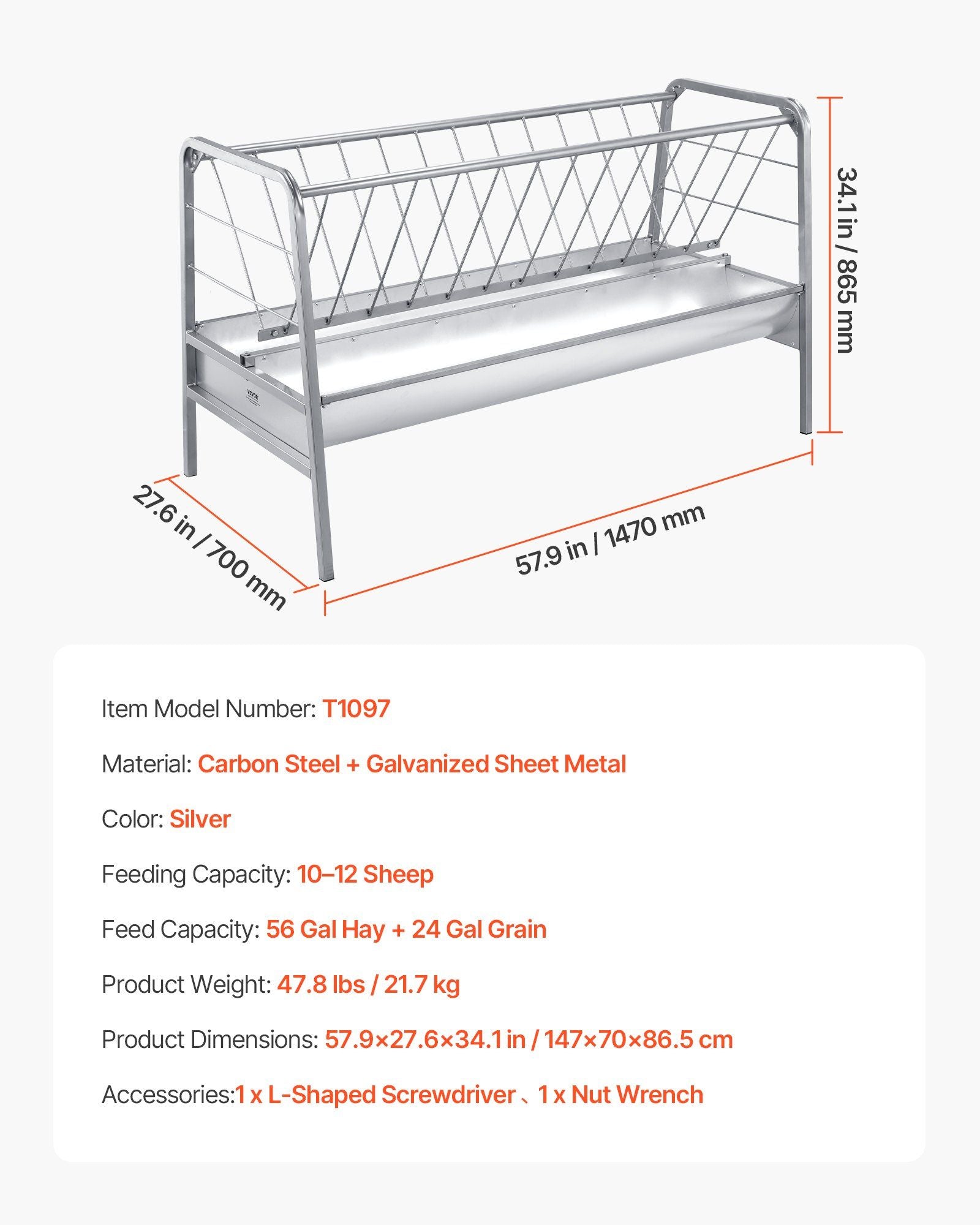 Livestock Hay Feeder, 2 in 1 Grain & Hay Feeder, 300L Capacity, 147 cm Long Goat Pasture Feeding with Deeper Feeding Pan, Heavy Duty Steel Grain Holder for Sheep Sheds, Farms, Horse Barns, Yards