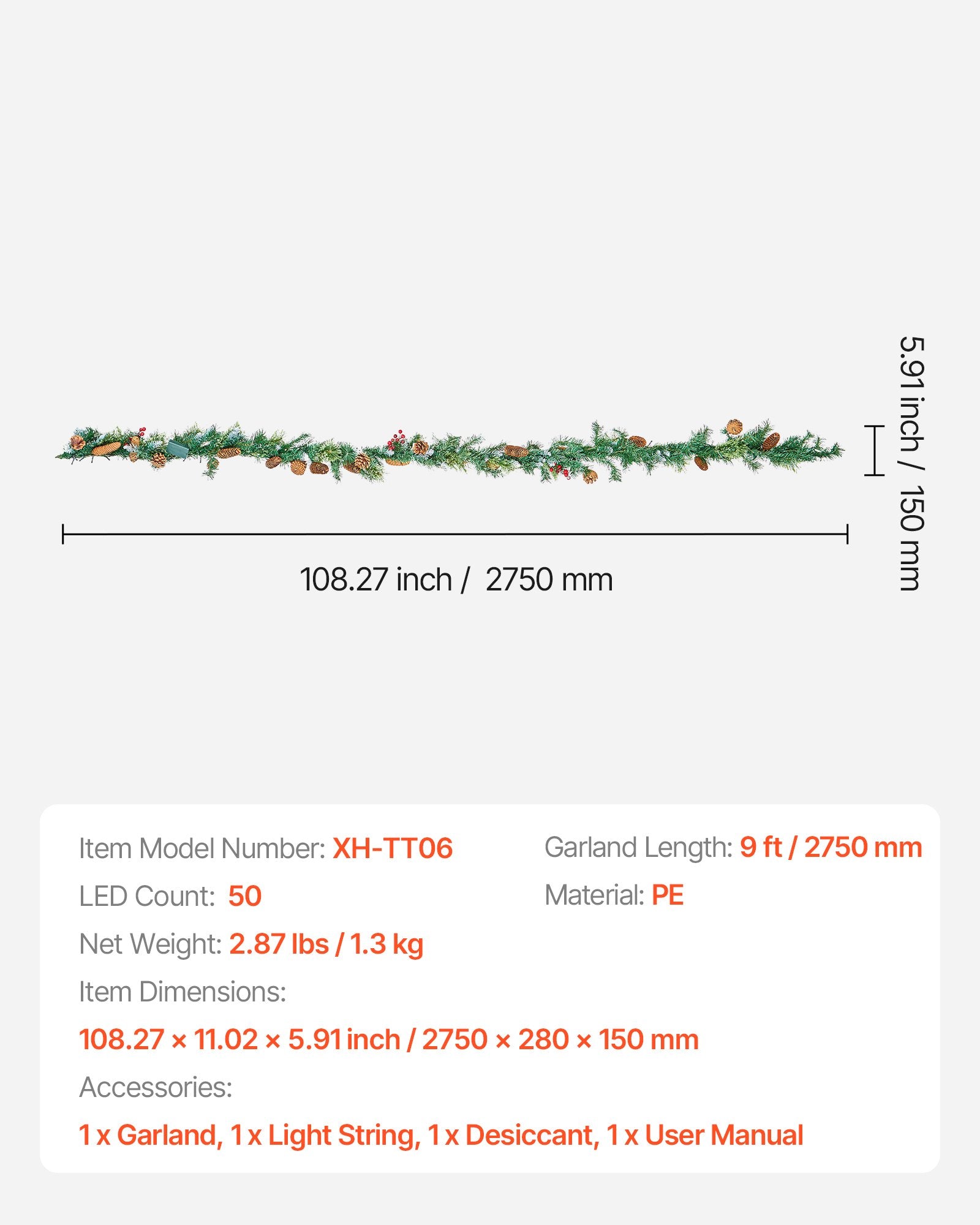 VEVOR Christmas Garland, 2750mm Artificial Christmas Garland with Light String, Faux Greenery Decoration with Berry Clusters, Pine Needles, Pine Cones, Realistic Xmas Collection for Mantel Fireplace