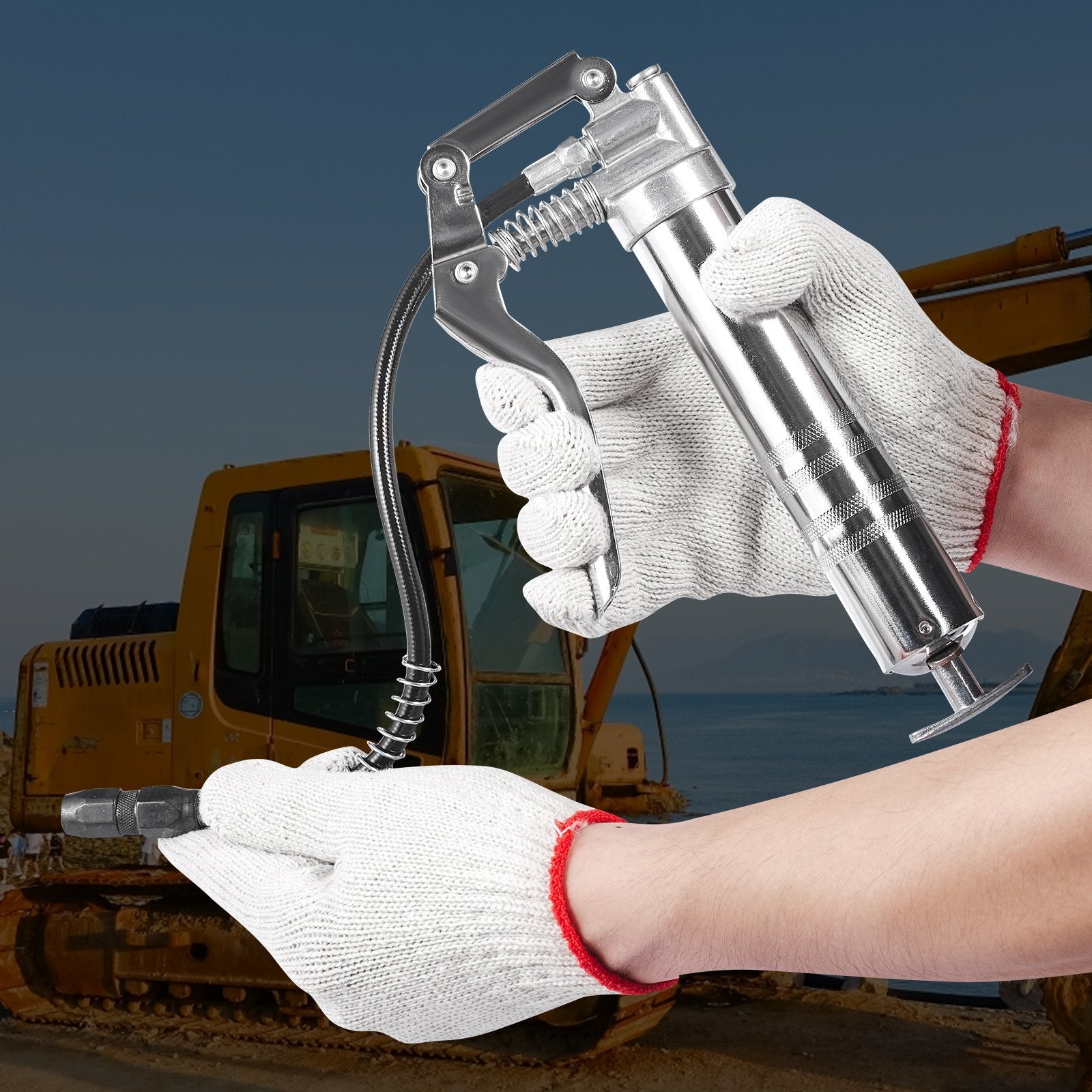 VEVOR Pistol Grip Grease Gun, 3500 PSI, 4 OZ / 120 CC Capacity Heavy Duty Professional Grease Gun, with 11.65 Inch Flexible Hose 2 Black Flat Couplers, 1 Reinforced Nozzle, and 2 Rigid Metal Pipes