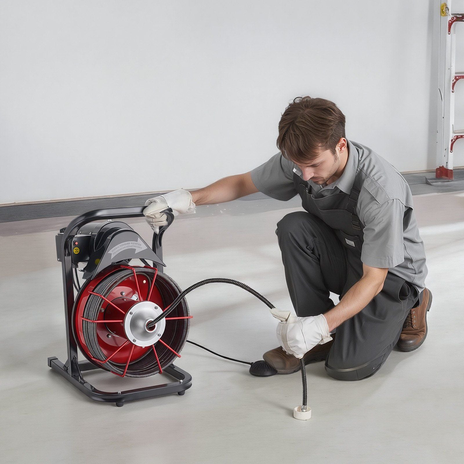 Drain Cleaner Machine 23m x 13mm, Sewer Snake Auger Manual Feed with 4 Cutters & Air-activated Foot Switch for 50mm to 150mm Pipes