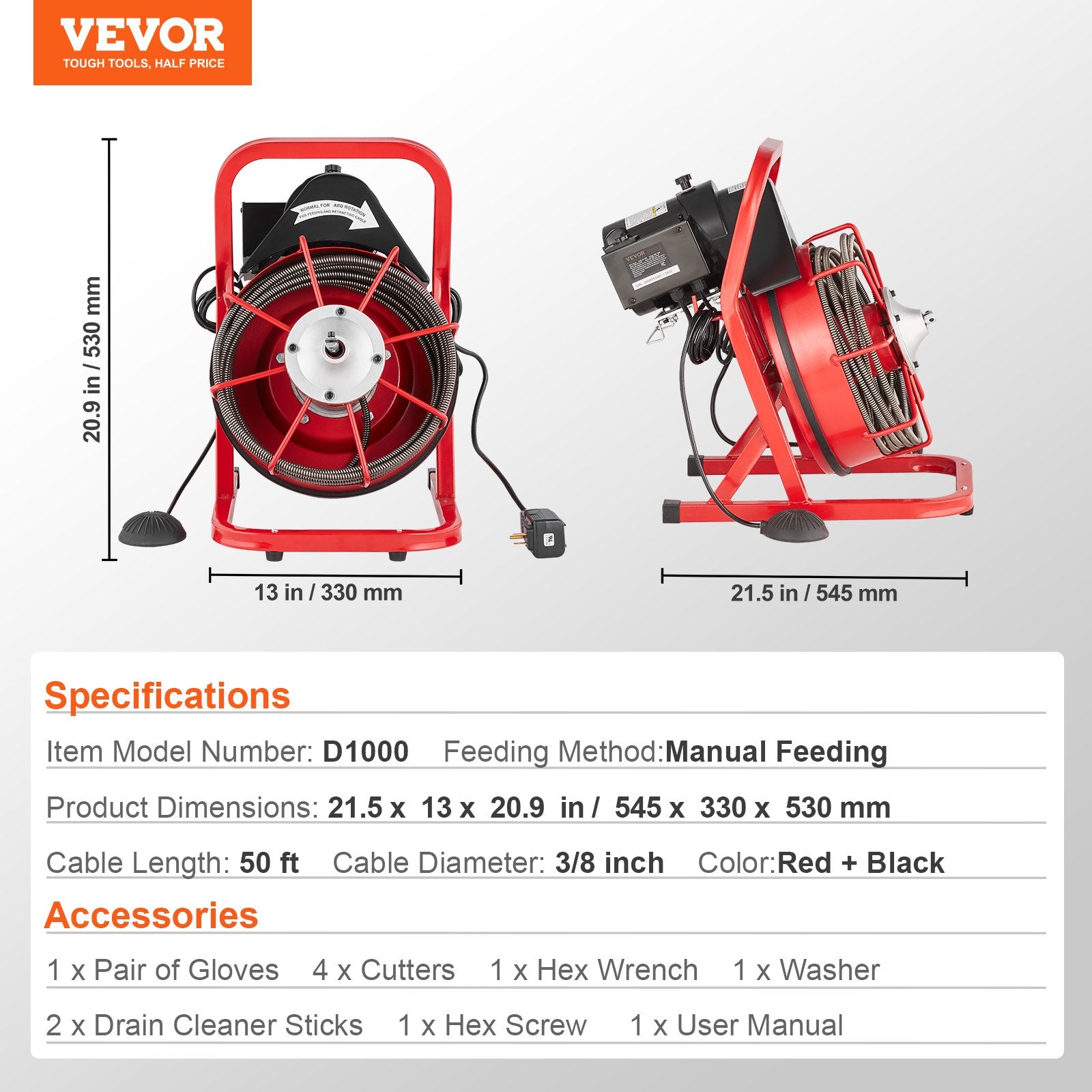 VEVOR Drain Cleaner Machine Drain Auger 50FT x 3/8 Inch Manual Feed & 4 Cutters