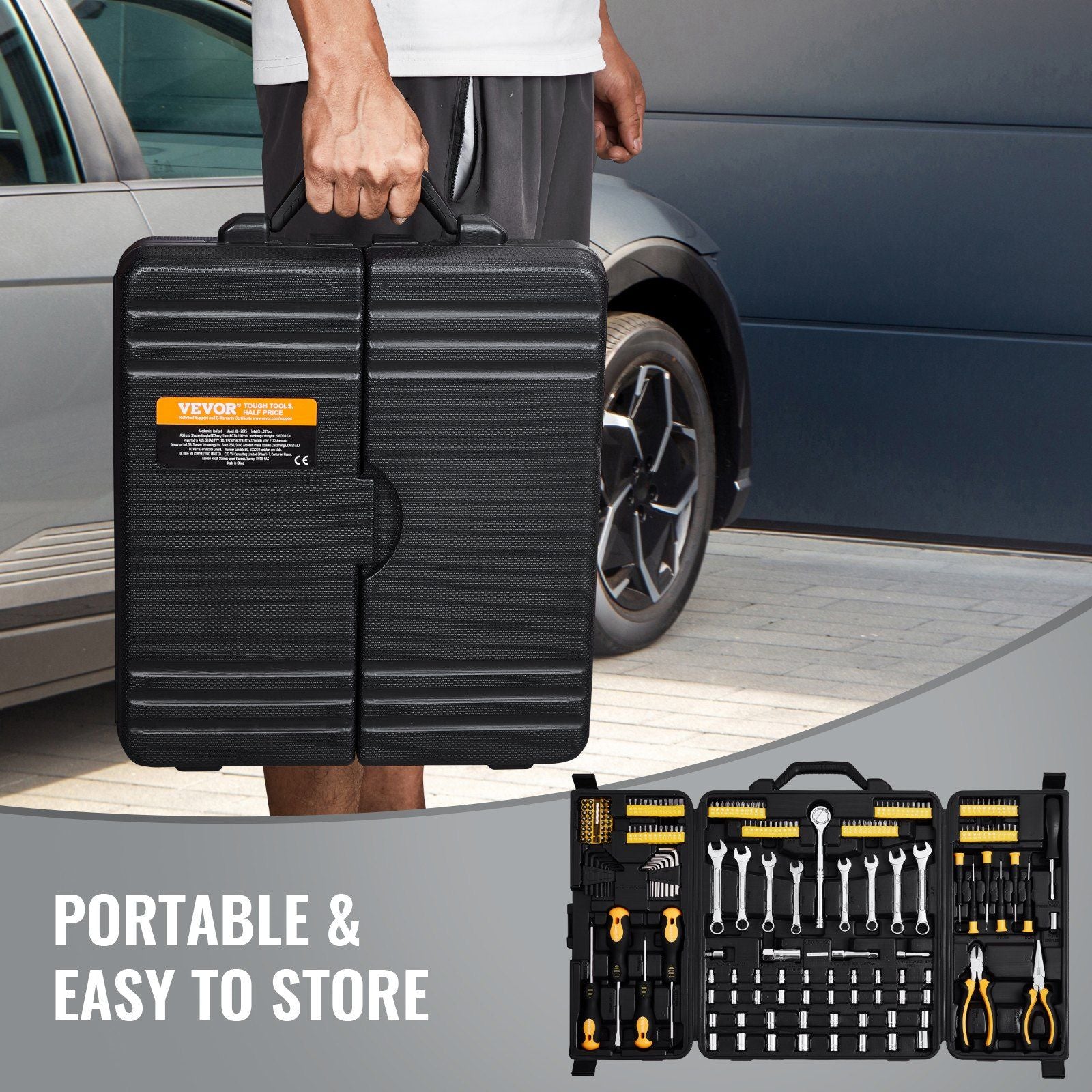 221-Piece Mechanics Tool Set, 1/4" and 3/8" Drive Sockets, SAE and Metric Mechanic Tool Kit with Bits, Wrenches, Ratchet Handle, Accessories, and Plastic Storage Case, for Automotive Repair