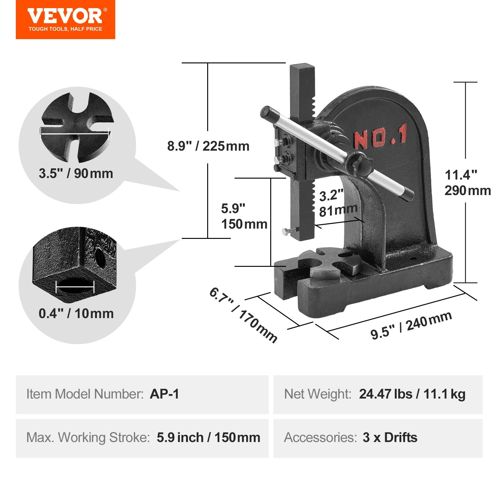VEVOR Arbor Press, 1 Ton Manual Arbor Press, 5.9" Maximum Height, Cast Iron Heavy-duty Manual Desktop Arbor Press, Precision Hand Press for Stamping, Bending, Stretching, Forming