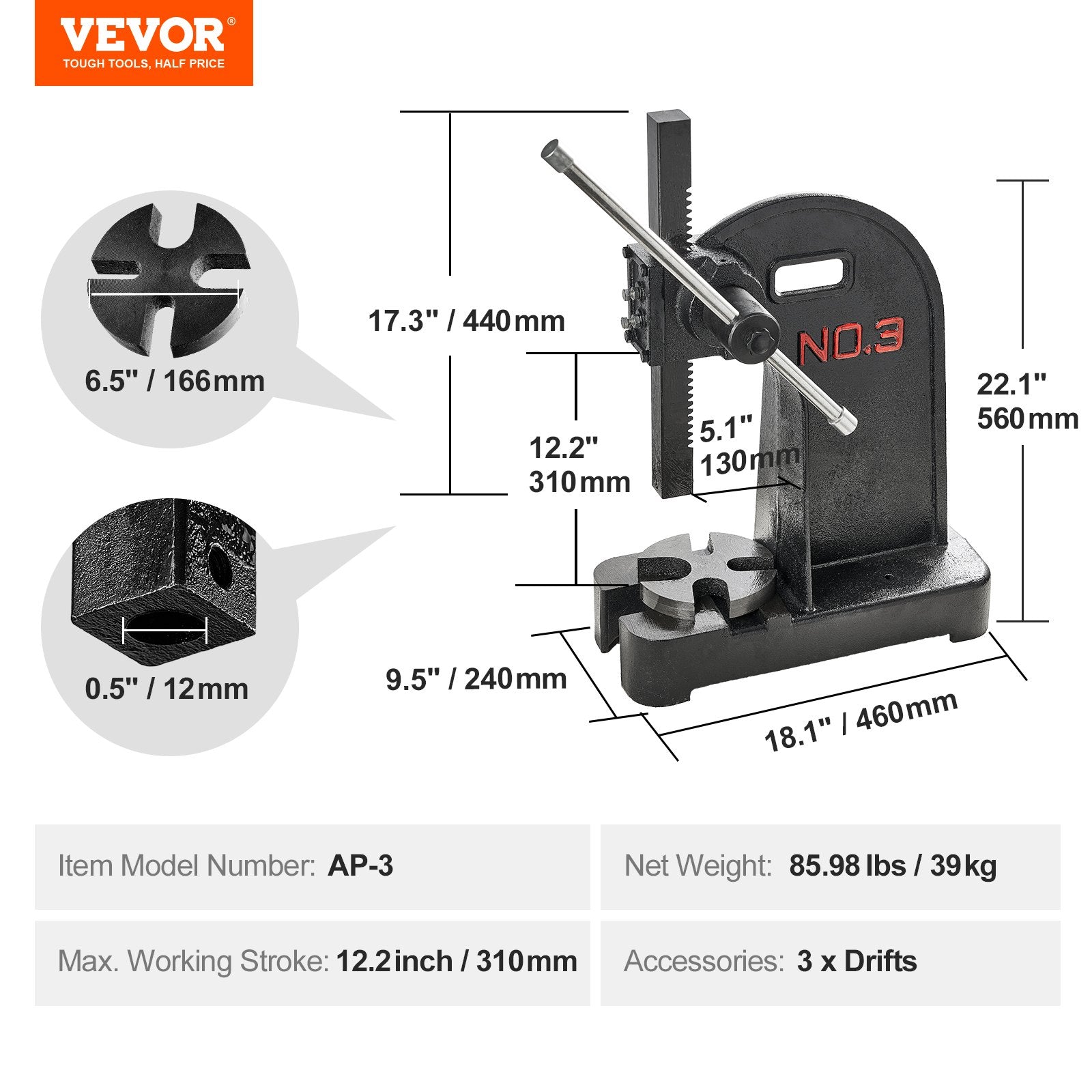 VEVOR Arbor Press, 3 Ton Manual Arbor Press, 30.99" Maximum Height, Cast Iron Heavy-duty Manual Desktop Arbor Press, Precision Hand Press for Stamping, Bending, Stretching, Forming