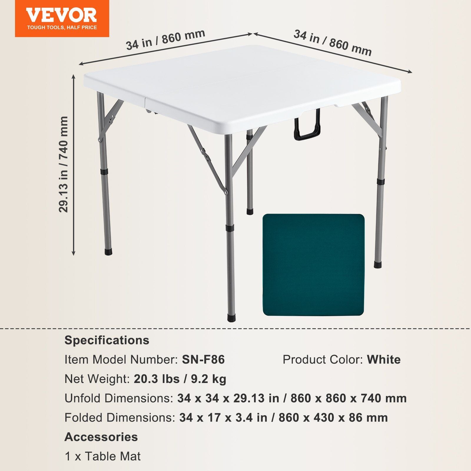 Mahjong Table, Fold-in-Half 4 Player Card Table with Wear-Resistant Green Tabletop, Portable Bi-Folding Square Domino Table with Carrying Handle for Outdoor Camping Picnic Party, 90 x90-inch