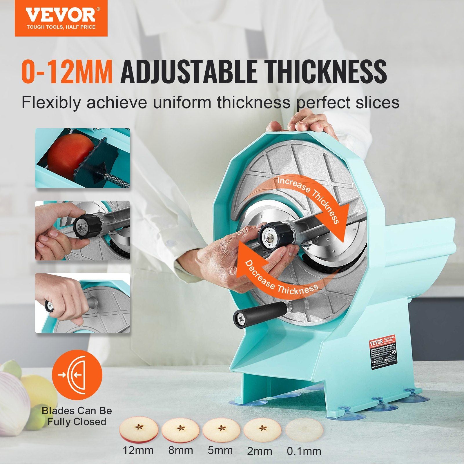 Manual Vegetable Fruit Slicer, 0-0.5"/0-12mm Thickness Adjustable Commercial Slicer Machine, Double Feed Ports, Stainless Steel Blade Food Cutter Slicing Machine for Cucumber, Lemon, Tomato