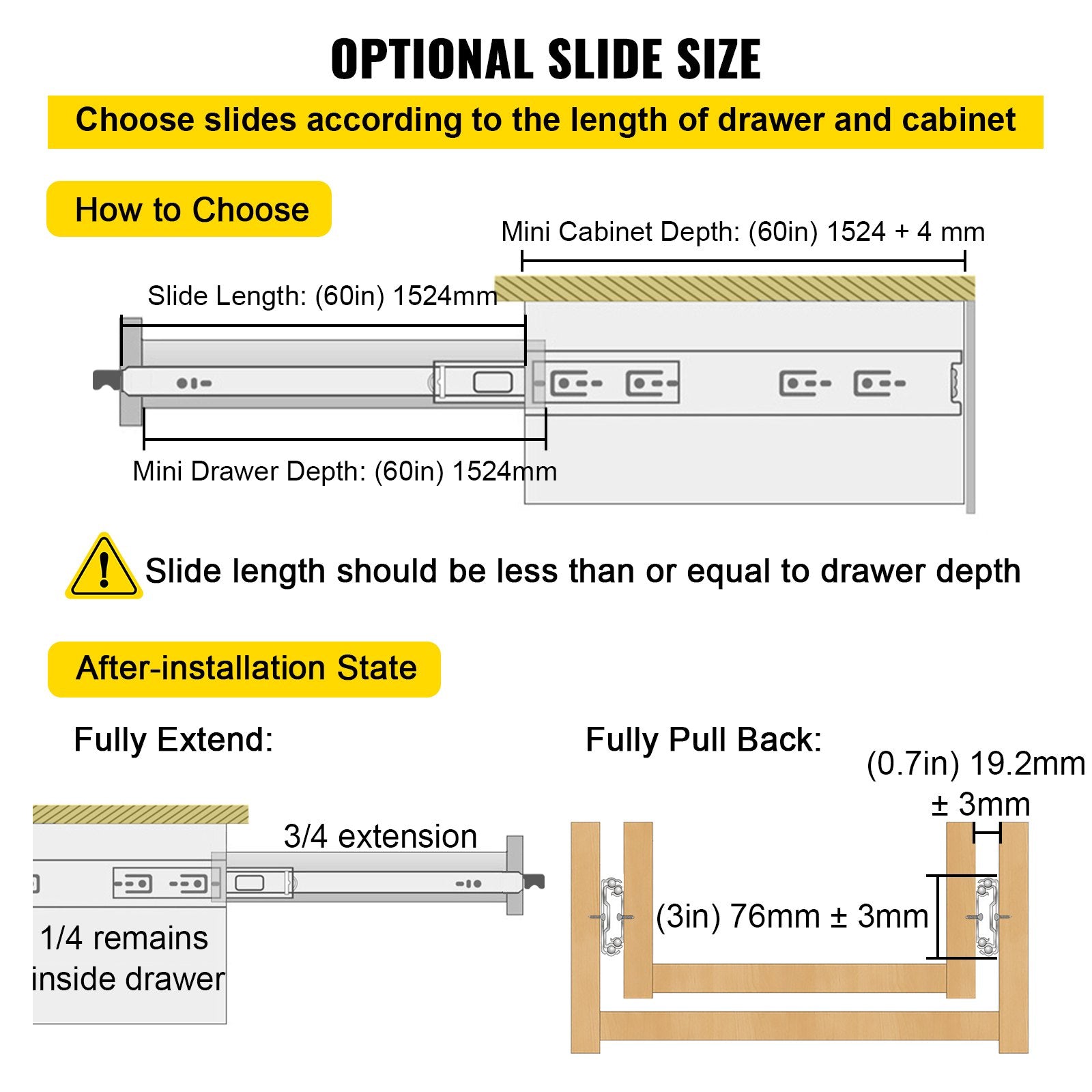 VEVOR Drawer Slides with Lock, 1 Pair 60 inch, Heavy-Duty Industrial Steel up to 500 lbs Capacity, 3-Fold Full Extension, Ball Bearing Lock-in & Lock-Out, Side Mount