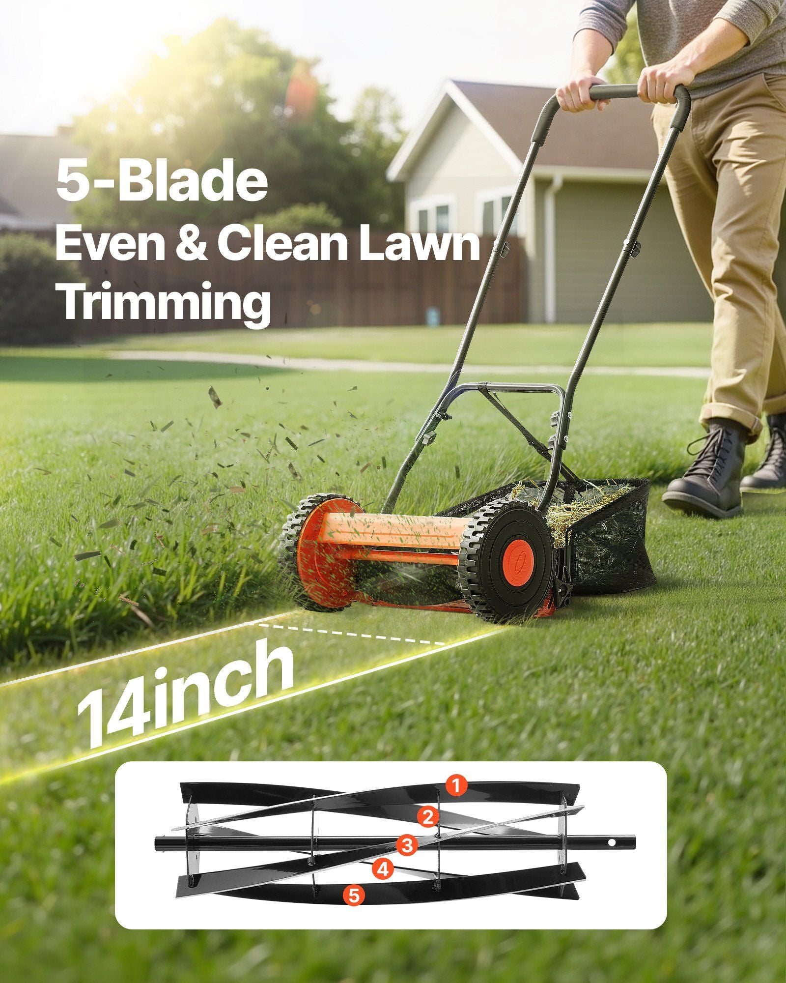 Push Reel Lawn Mower 35 cm, 5 Blades Manual Push Mower No Motor, 15-45 mm Adjustable Cutting Height, Walk-Behind Lawn Mowers with Grass Catcher Bag for Green Lawns, Driveways, Courtyards