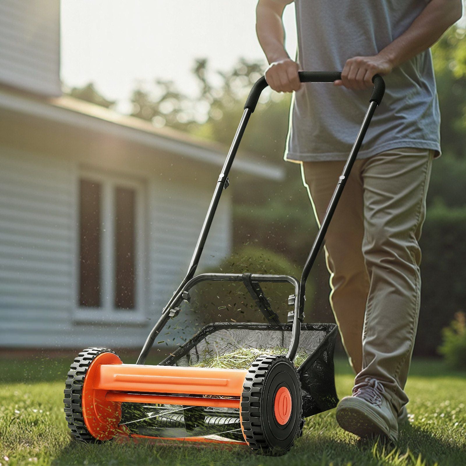 Push Reel Lawn Mower 35 cm, 5 Blades Manual Push Mower No Motor, 15-45 mm Adjustable Cutting Height, Walk-Behind Lawn Mowers with Grass Catcher Bag for Green Lawns, Driveways, Courtyards