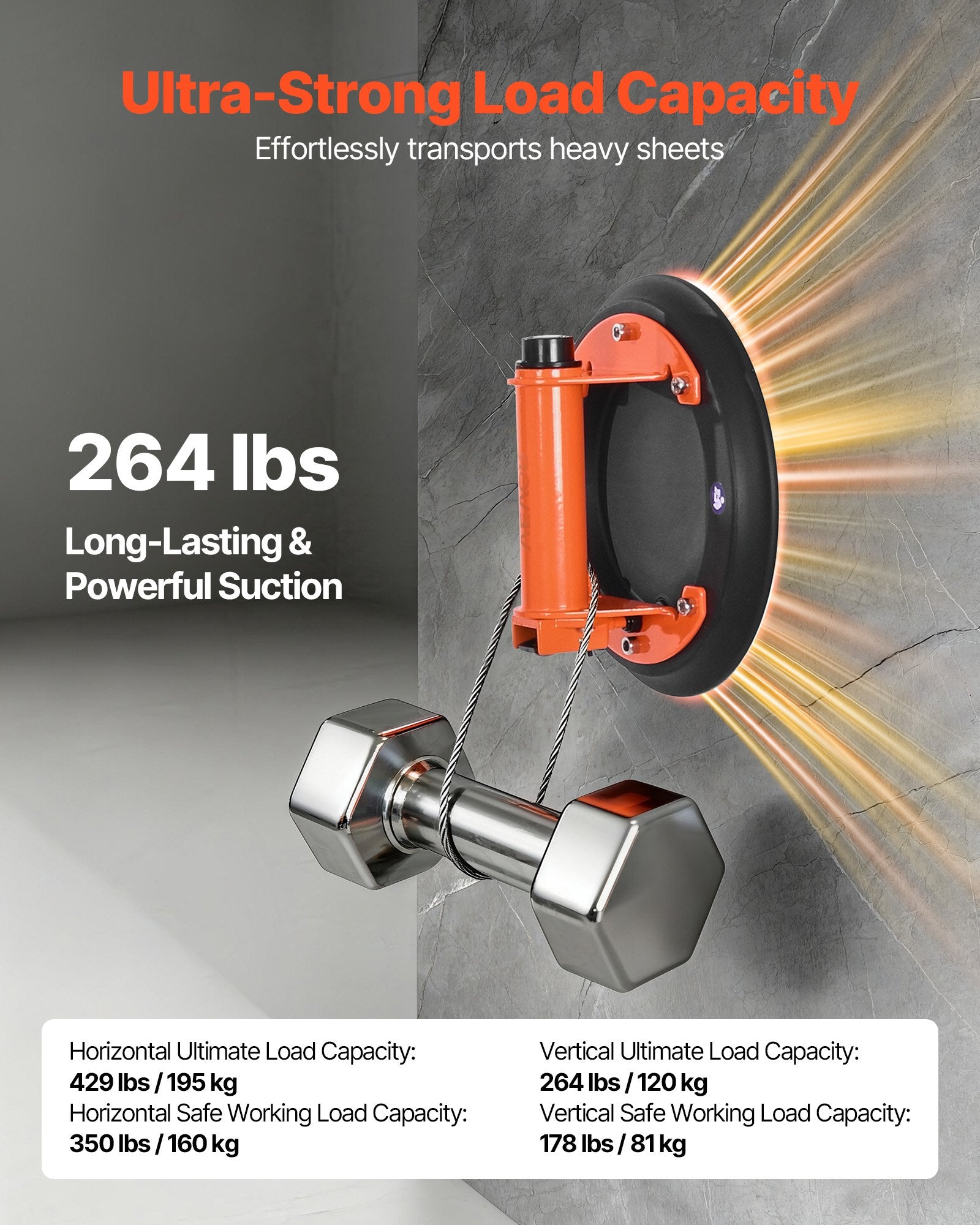 VEVOR Vacuum Suction Cup, 203 mm Vacuum Glass Lifter with Metal Handle, 195 kg Max Lifting Capacity Tile Suction Cup Tool with Carrying Case for Lifting Large Tile, Granite, Drywall, Windows (2-Pack)