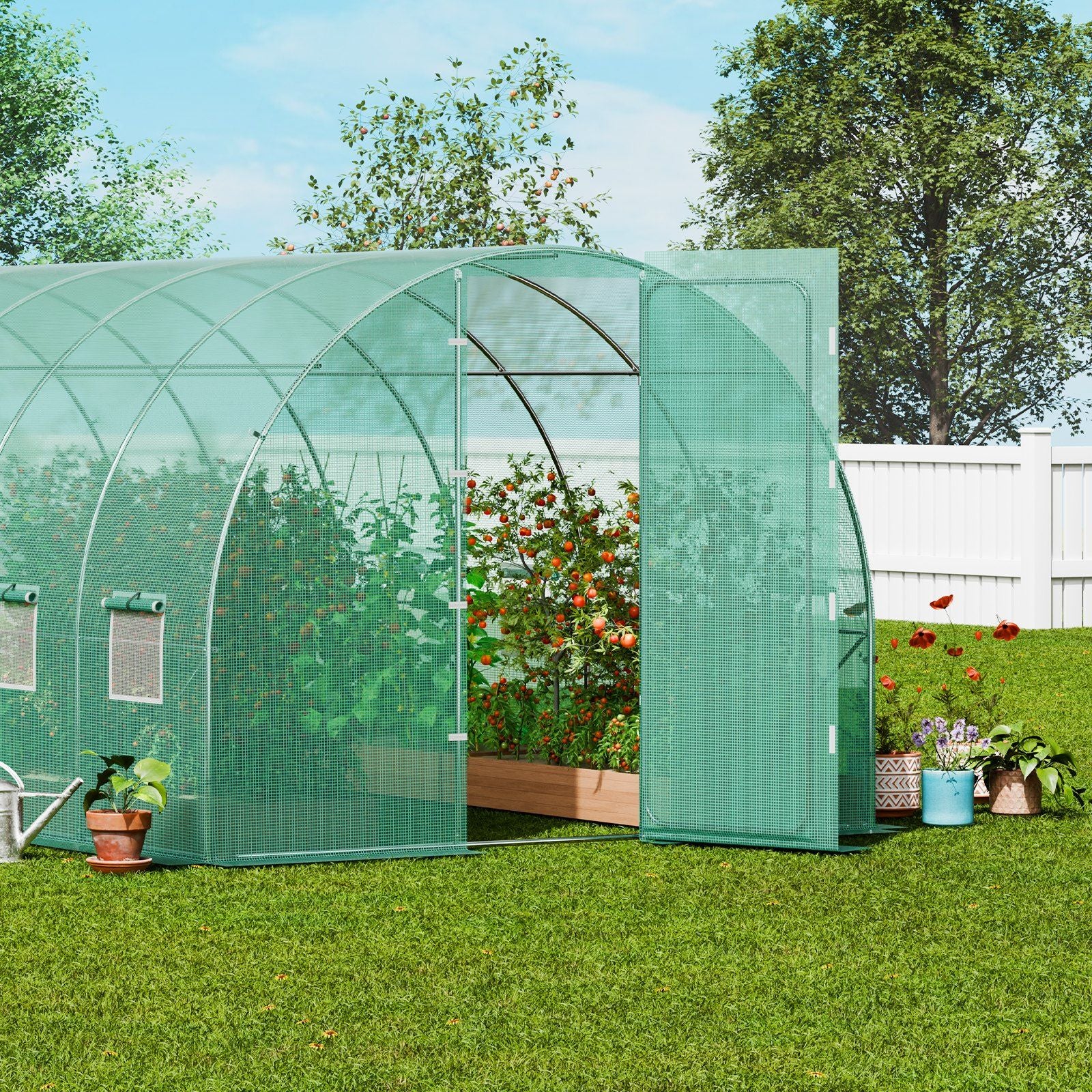 Walk-in Tunnel Greenhouse, 19.4x9.7x7.4 ft Hoop House Greenhouse Tunnel, Plant Hot House with Galvanized Steel Frame, Green PE Cover, Swing Door and 12 Roll-up Windows for Outdoor