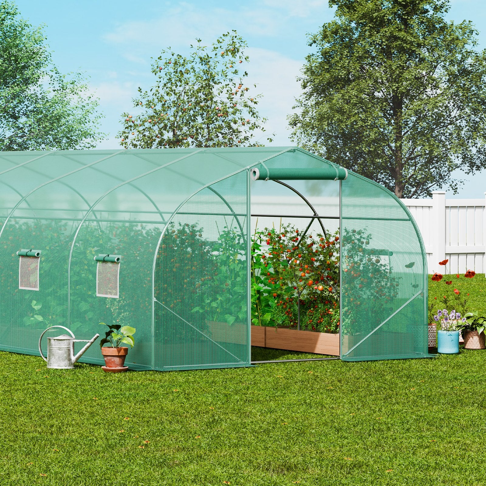 VEVOR Walk-in Tunnel Greenhouse, 29.5x9.8x6.6 ft Hoop House Greenhouse Tunnel, Peaked Roof Plant Hot House with Galvanized Steel Frame, Green PE Cover, Roll-up Zipper Door and 12 Windows for Outdoor