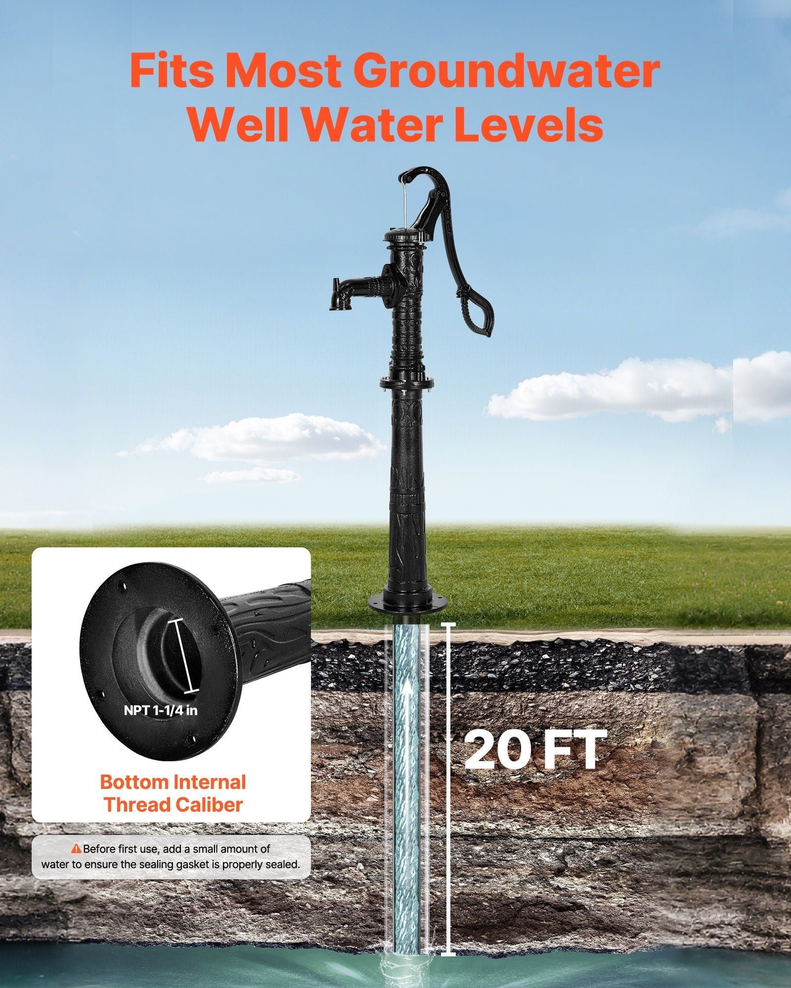 Well Hand Pitcher Pump, 20 ft Max Lift, Antique Cast Iron Manual Hand Water Pump with Heightening Base, NPT 1-1/4 in Connection, Easy Installation, for Outdoor Garden, Pond, Yard, Farm, Black