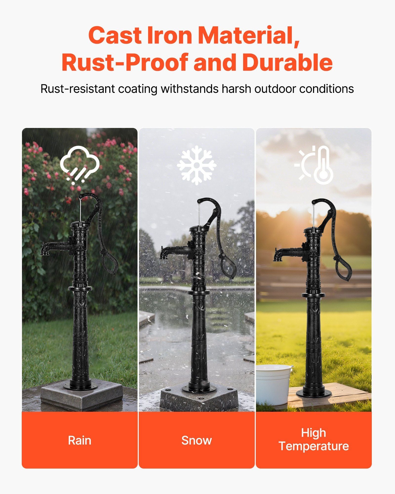 Well Hand Pitcher Pump, 20 ft Max Lift, Antique Cast Iron Manual Hand Water Pump with Heightening Base, NPT 1-1/4 in Connection, Easy Installation, for Outdoor Garden, Pond, Yard, Farm, Black